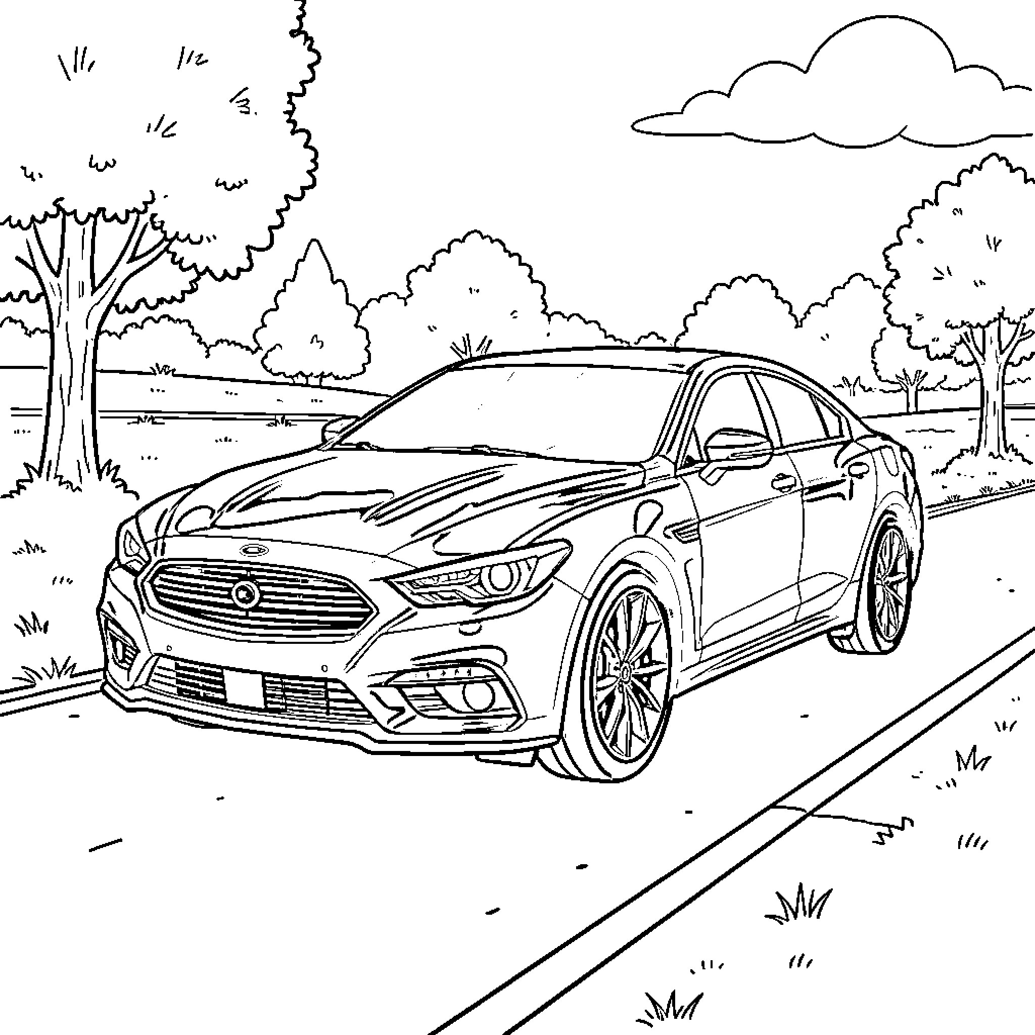 Car driving down a scenic country road Coloring Page (free black-and-white line drawing printable PDF for all, from beginners to advanced learners, including children, teens, adults, and seniors)