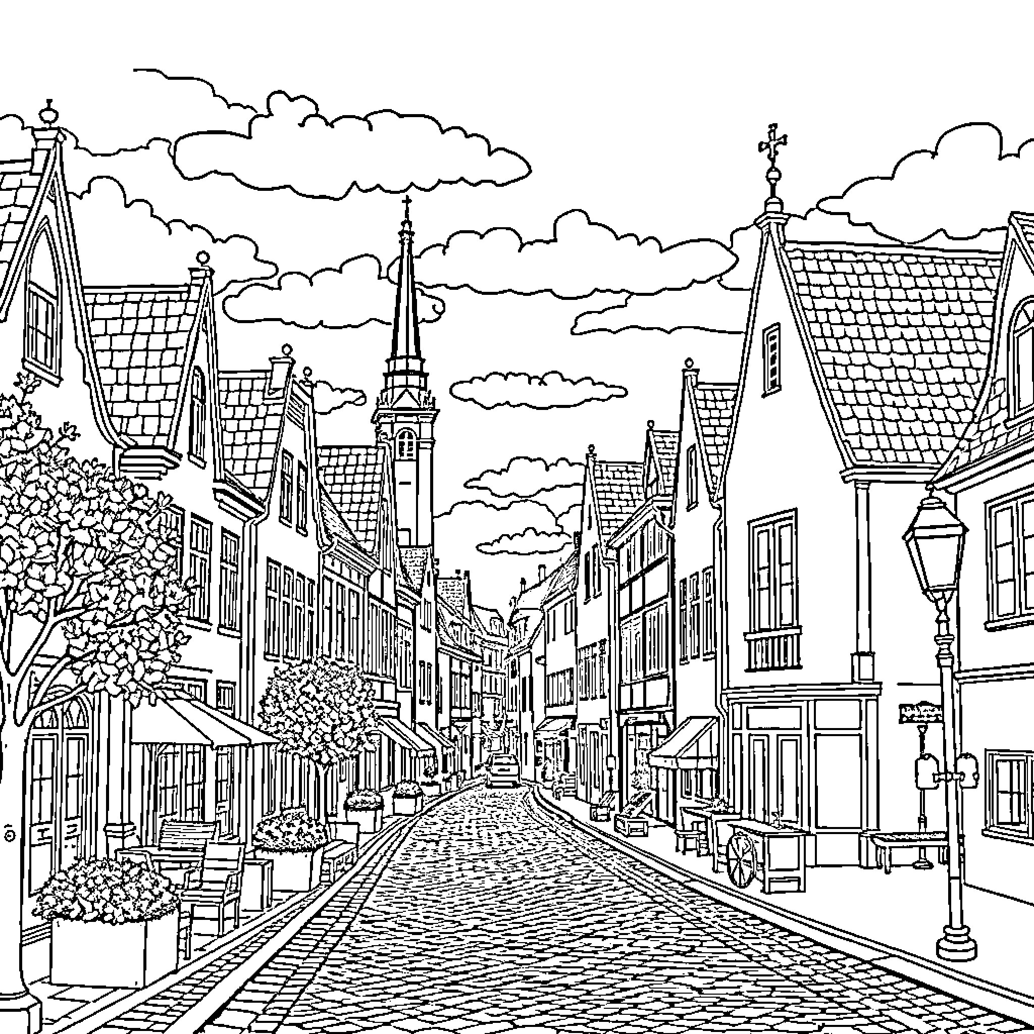 City street with historic architecture and cloudy sky Coloring Page (free black-and-white line drawing printable PDF for all, from beginners to advanced learners, including children, teens, adults, and seniors)