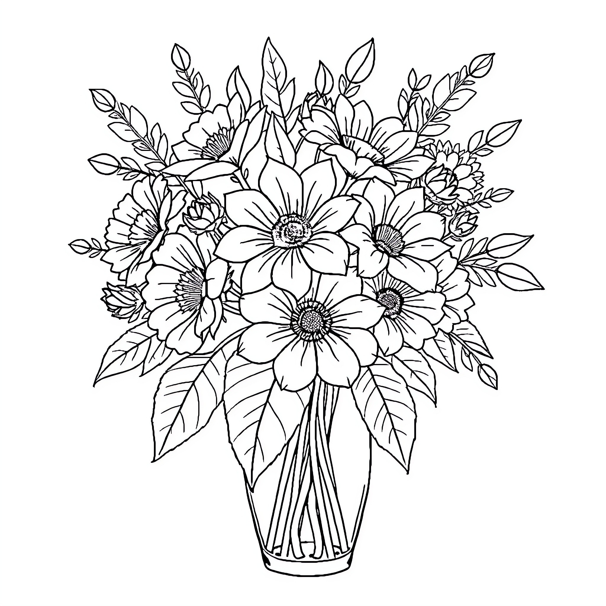 Flower bouquet in a vase Coloring Page (free black-and-white line drawing printable PDF for all, from beginners to advanced learners, including children, teens, adults, and seniors)