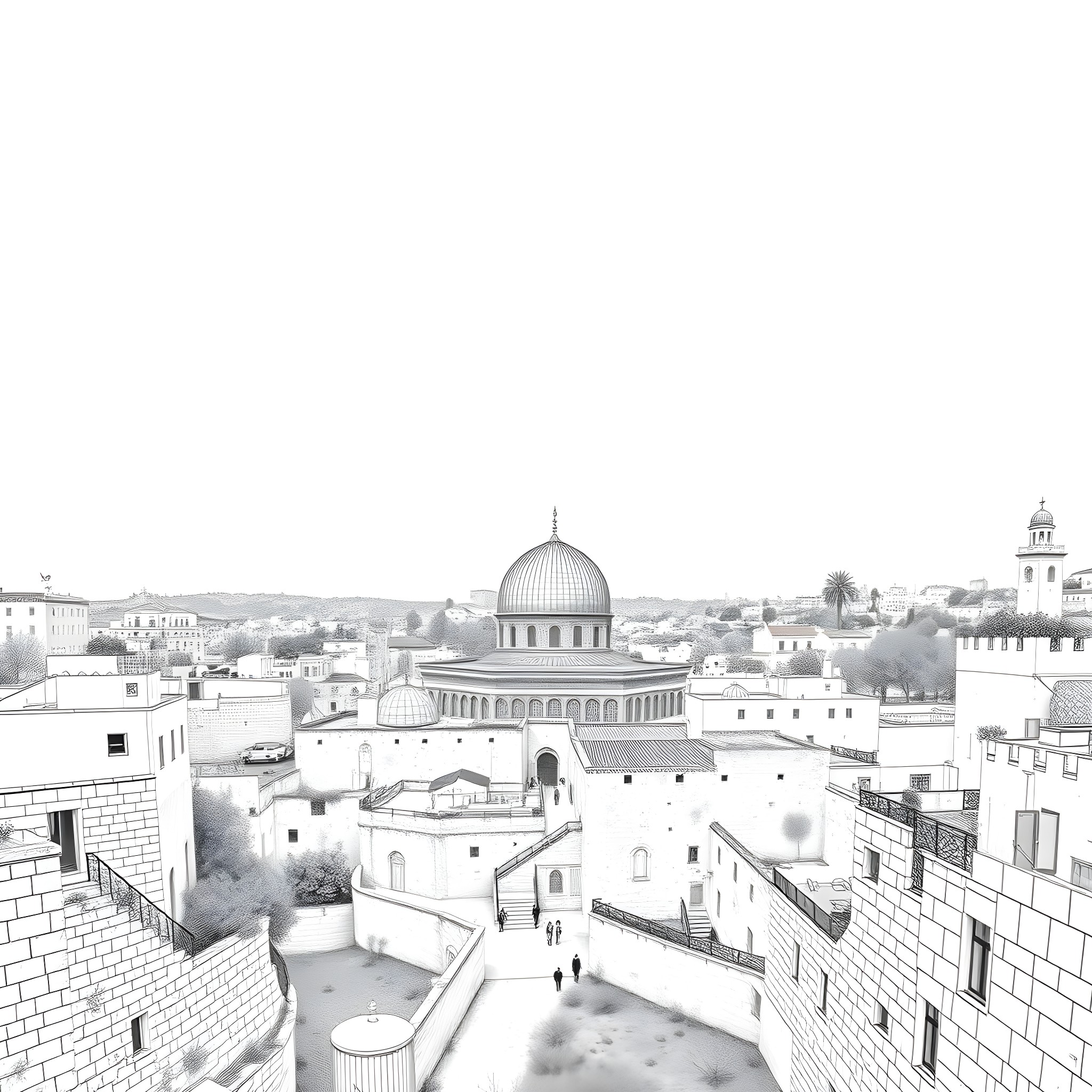 Jerusalem's Architectural Splendor: Dome, Structures, and Cityscape Coloring Page (free black-and-white line drawing printable PDF for all, from beginners to advanced learners, including children, teens, adults, and seniors)