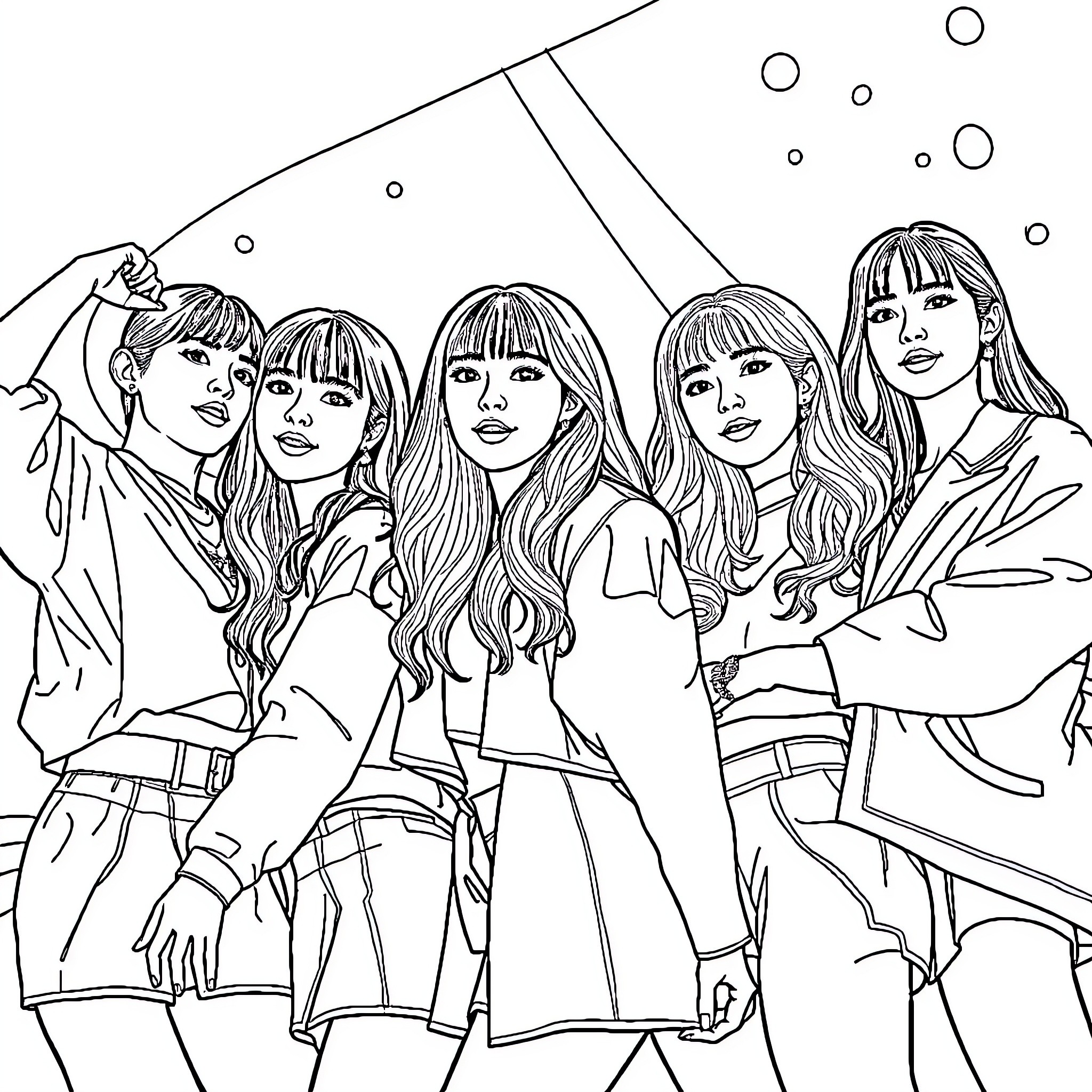 Huntrix group portrait of stylish young friends Coloring Page (free black-and-white line drawing printable PDF for all, from beginners to advanced learners, including children, teens, adults, and seniors)