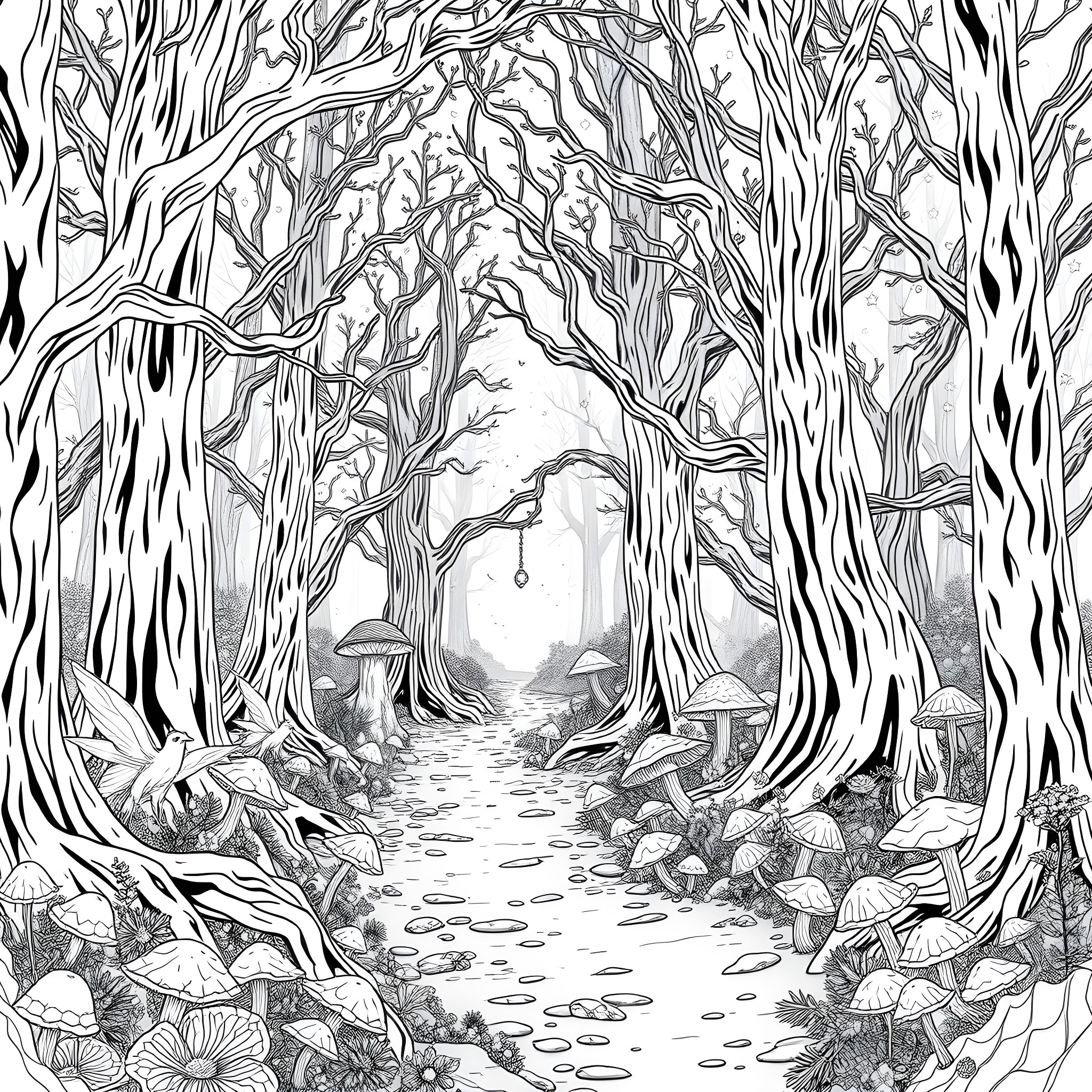 Elf Wanders Through the Enchanted Forest Coloring Page (free black-and-white line drawing printable PDF for all, from beginners to advanced learners, including children, teens, adults, and seniors)