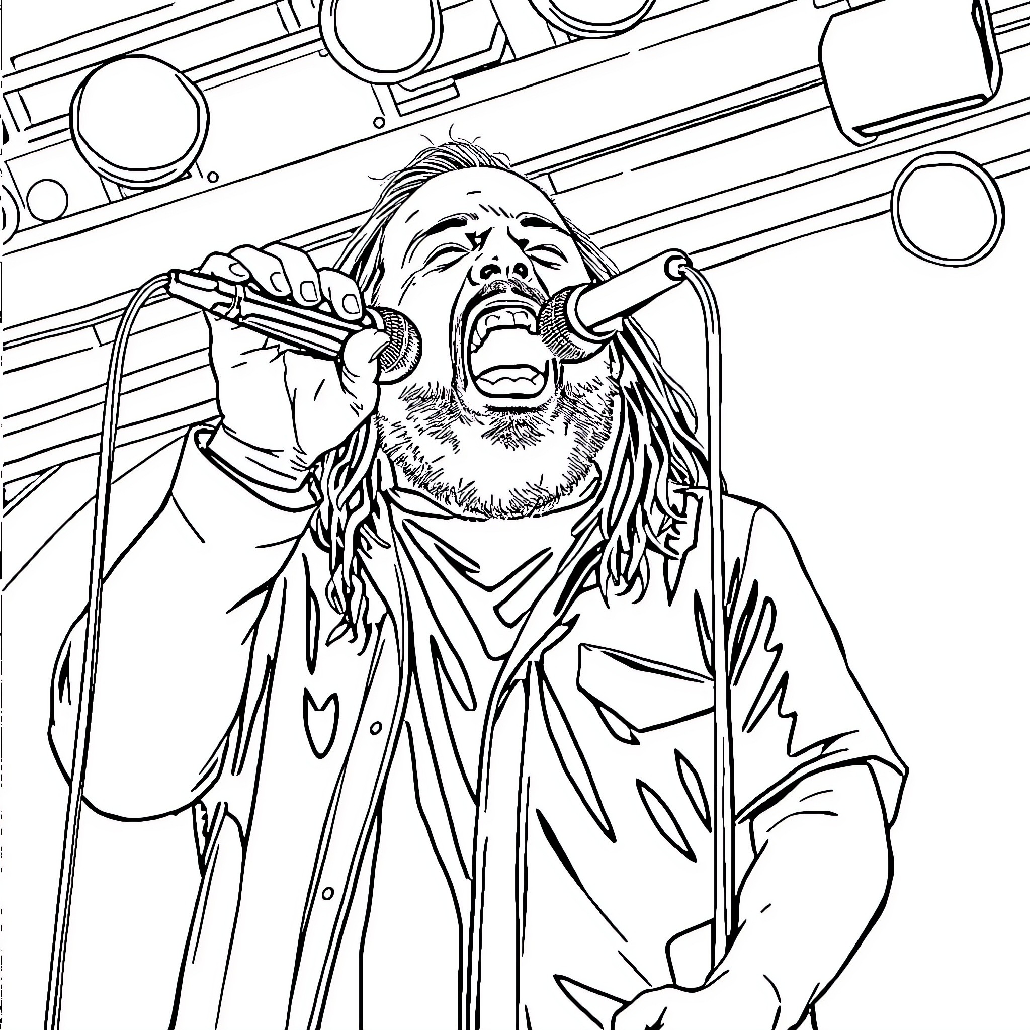 Jonathan Davis Performing Passionately on Stage Coloring Page (free black-and-white line drawing printable PDF for all, from beginners to advanced learners, including children, teens, adults, and seniors)