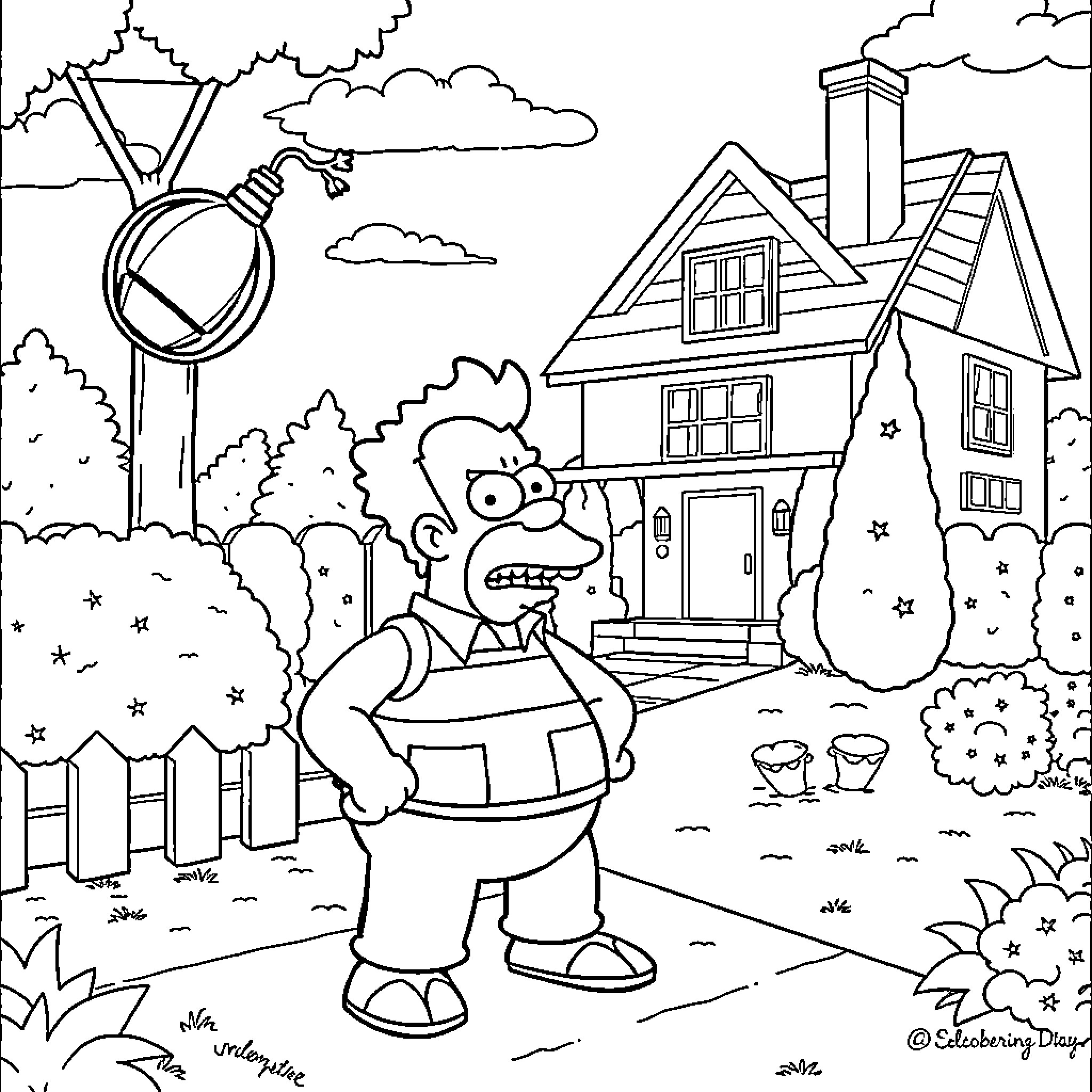 Flanders' Neighborhood Scene with Iconic Character Coloring Page (free black-and-white line drawing printable PDF for all, from beginners to advanced learners, including children, teens, adults, and seniors)