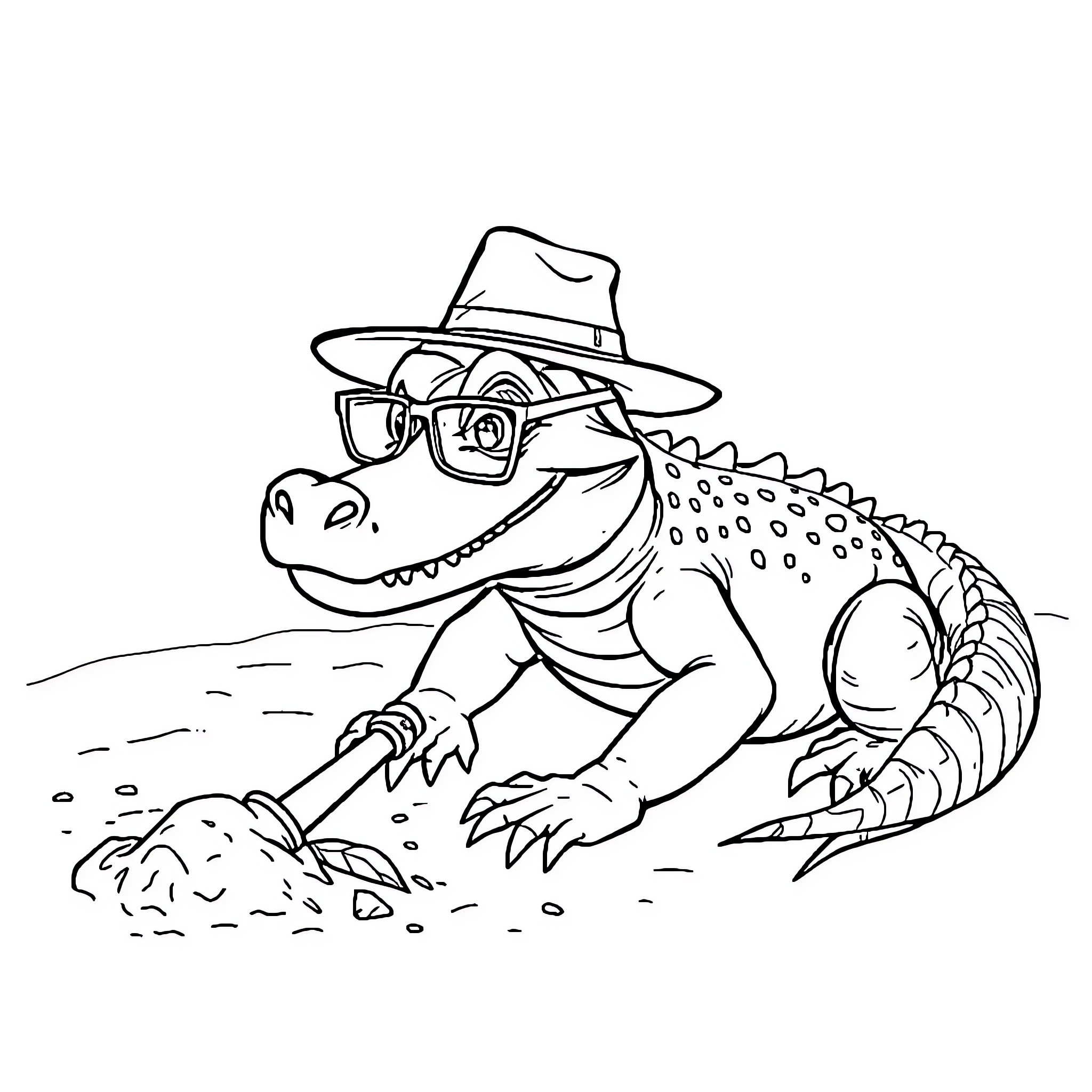 Alligator wearing a hat and glasses digging in the sand Coloring Page (free black-and-white line drawing printable PDF for all, from beginners to advanced learners, including children, teens, adults, and seniors)