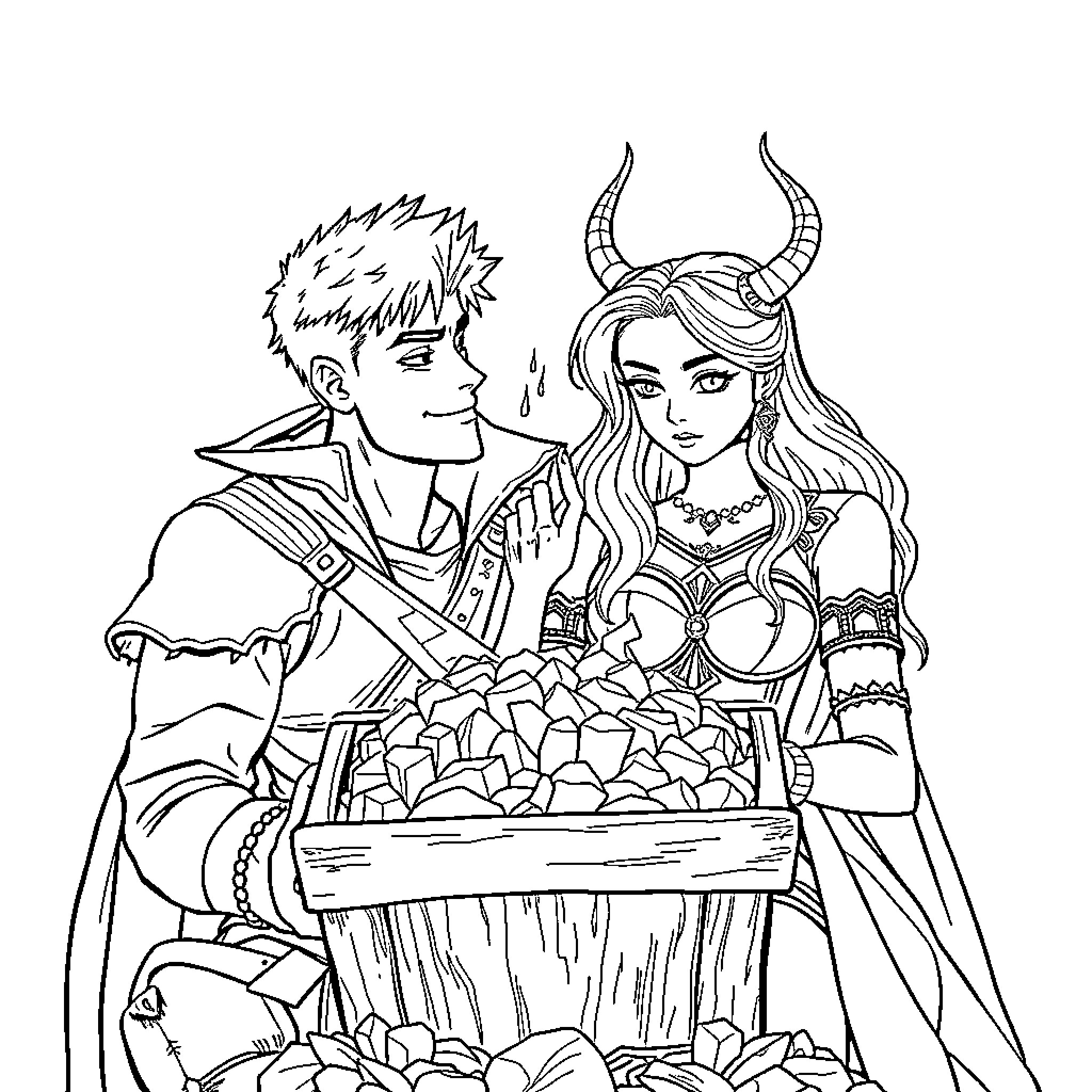 Demon Slayer Couple Gathering Fallen Petals Coloring Page (free black-and-white line drawing printable PDF for all, from beginners to advanced learners, including children, teens, adults, and seniors)