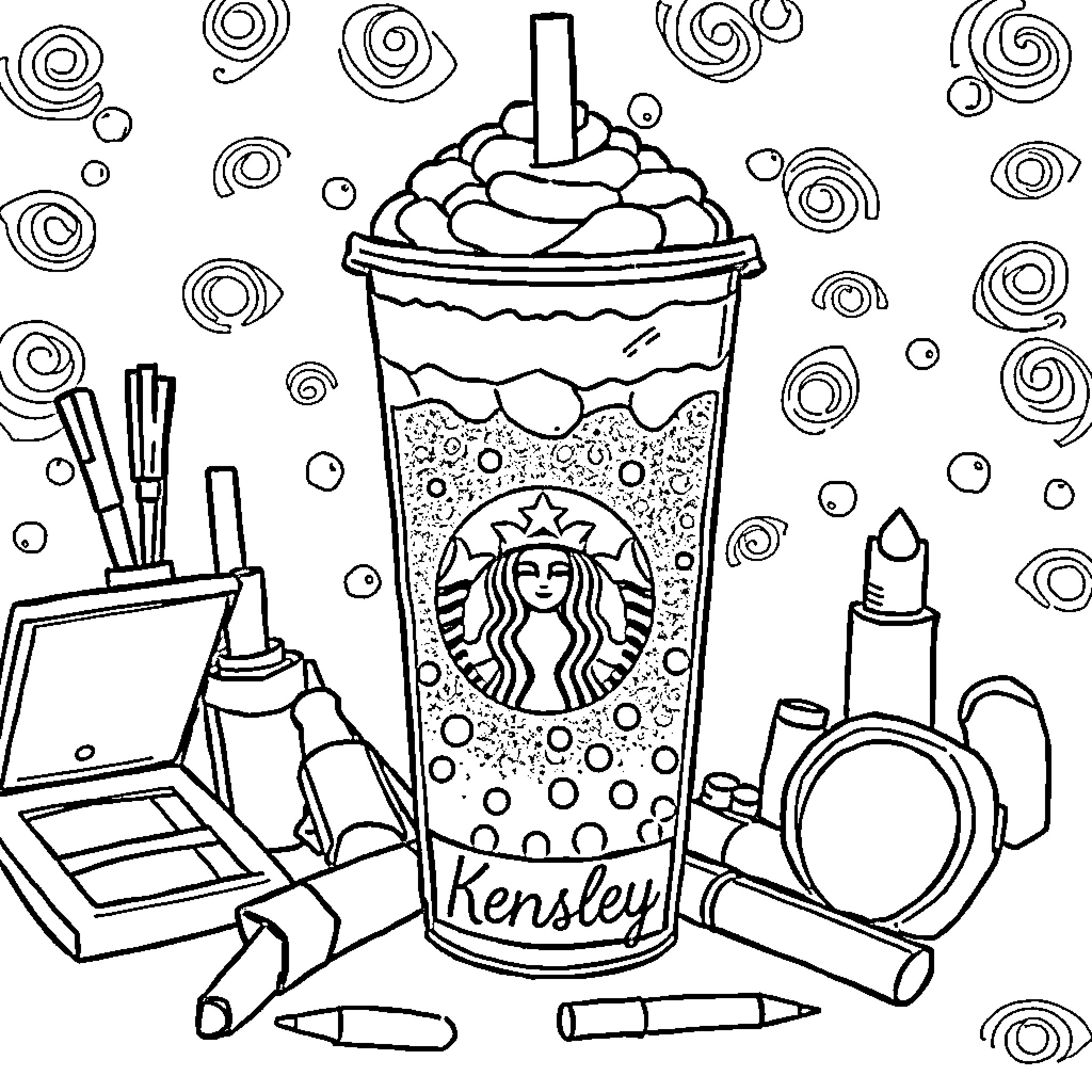 Boba Tea with Cosmetic Accessories Coloring Page (free black-and-white line drawing printable PDF for all, from beginners to advanced learners, including children, teens, adults, and seniors)