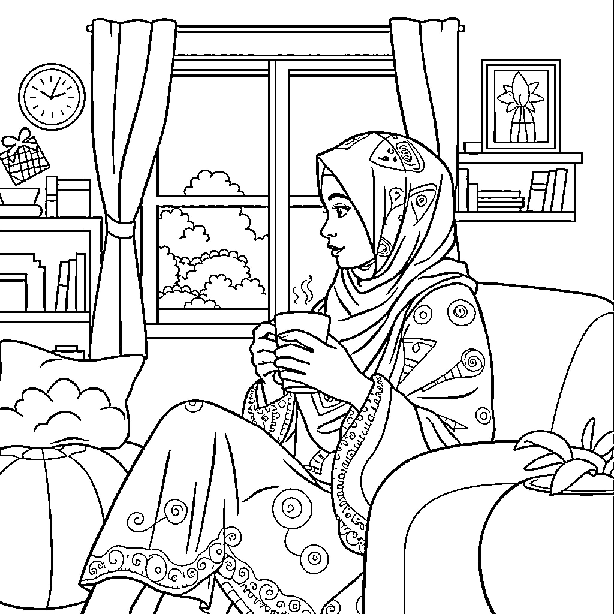 Girl Reading in Cozy Living Room Coloring Page (free black-and-white line drawing printable PDF for all, from beginners to advanced learners, including children, teens, adults, and seniors)