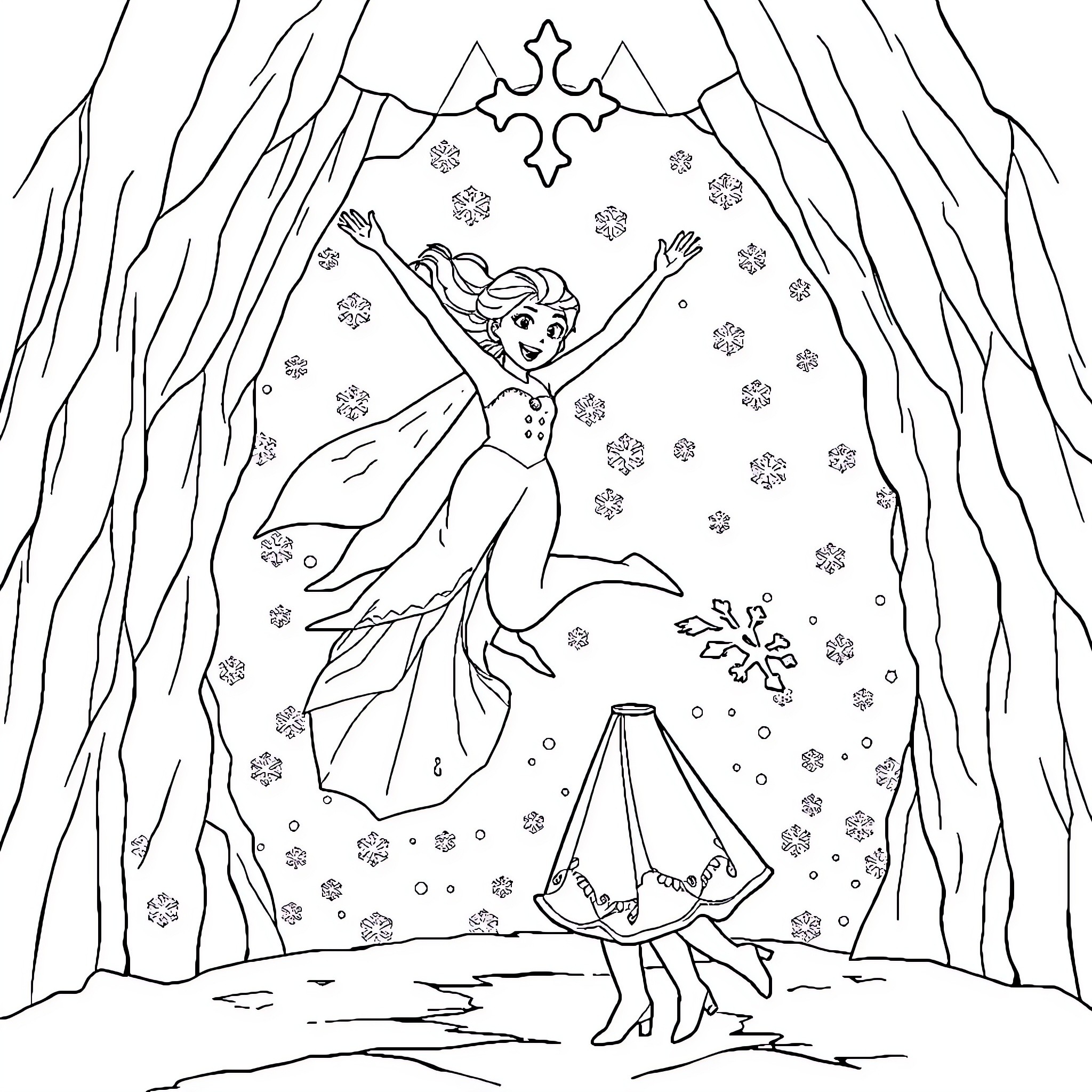 Elsa gracefully dancing in the snow-filled forest Coloring Page (free black-and-white line drawing printable PDF for all, from beginners to advanced learners, including children, teens, adults, and seniors)