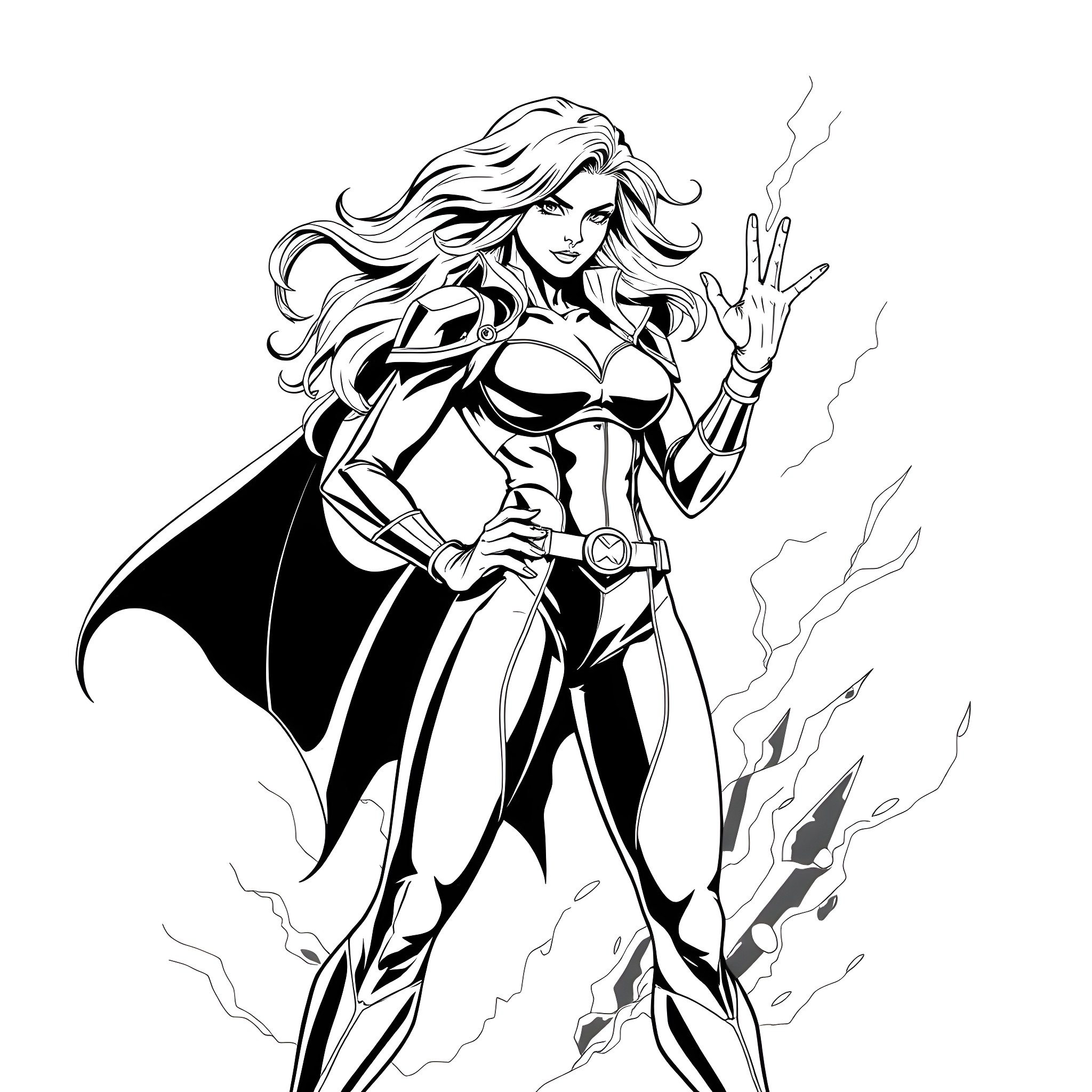 X-Men Superheroine in Dynamic Action Pose Coloring Page (free black-and-white line drawing printable PDF for all, from beginners to advanced learners, including children, teens, adults, and seniors)