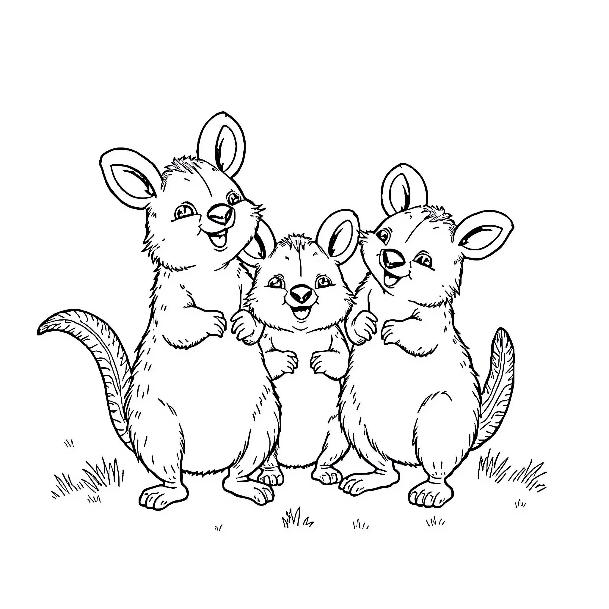 Quokkas playing happily in the field Coloring Page (free black-and-white line drawing printable PDF for all, from beginners to advanced learners, including children, teens, adults, and seniors)