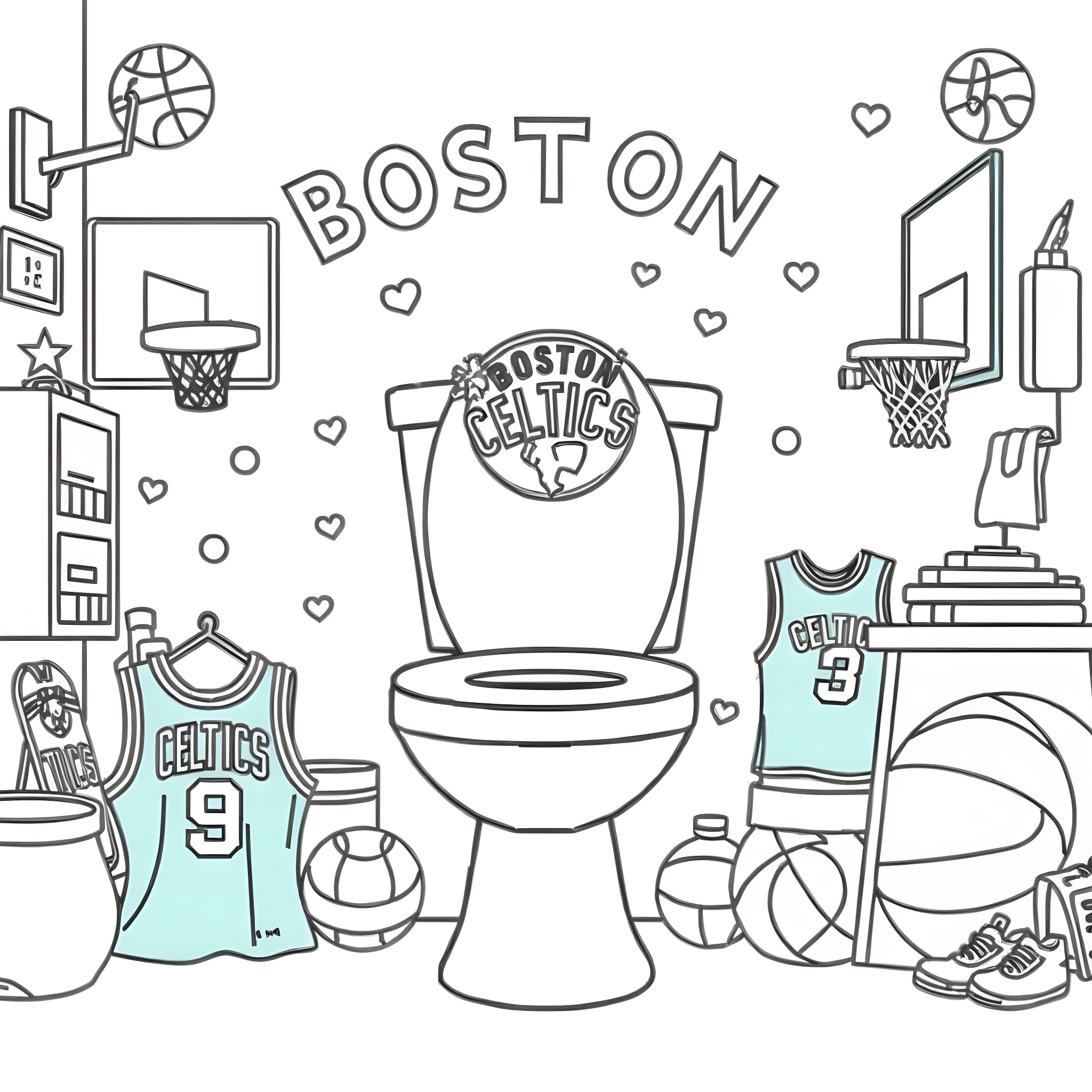 Toilet of a Boston Celtics fan Coloring Page (free black-and-white line drawing printable PDF for all, from beginners to advanced learners, including children, teens, adults, and seniors)