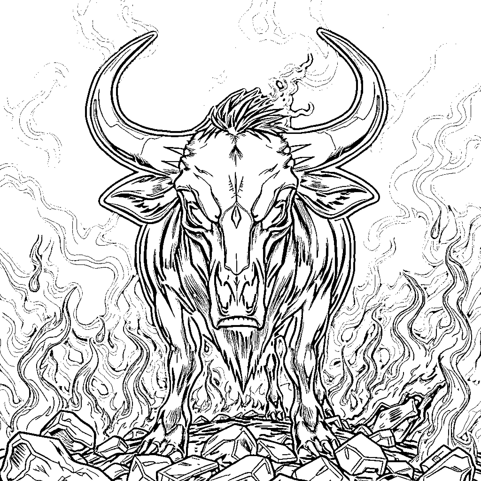 Bull charging through fiery terrain Coloring Page (free black-and-white line drawing printable PDF for all, from beginners to advanced learners, including children, teens, adults, and seniors)