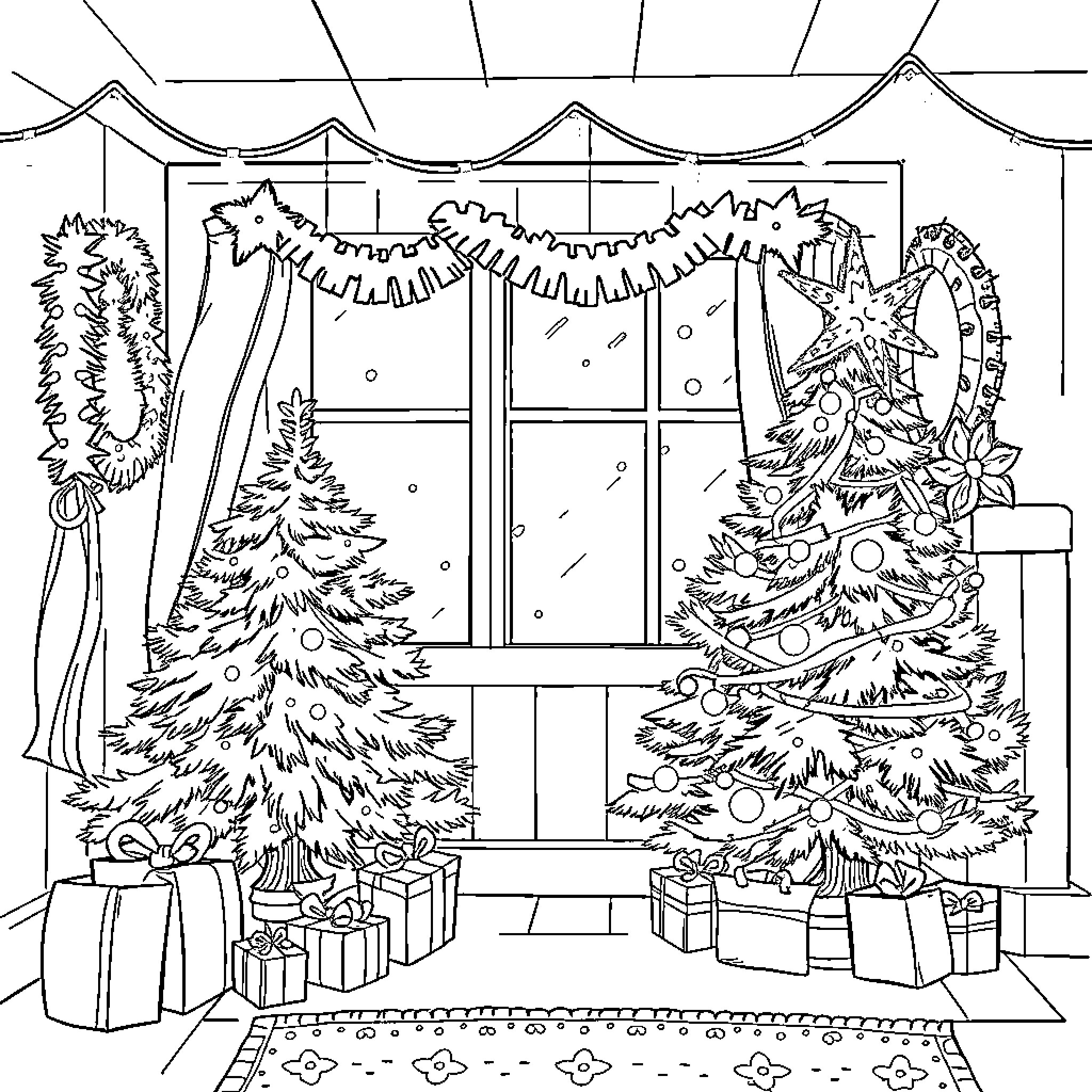 Christmas Scene with Decorated Trees and Gifts Coloring Page (free black-and-white line drawing printable PDF for all, from beginners to advanced learners, including children, teens, adults, and seniors)