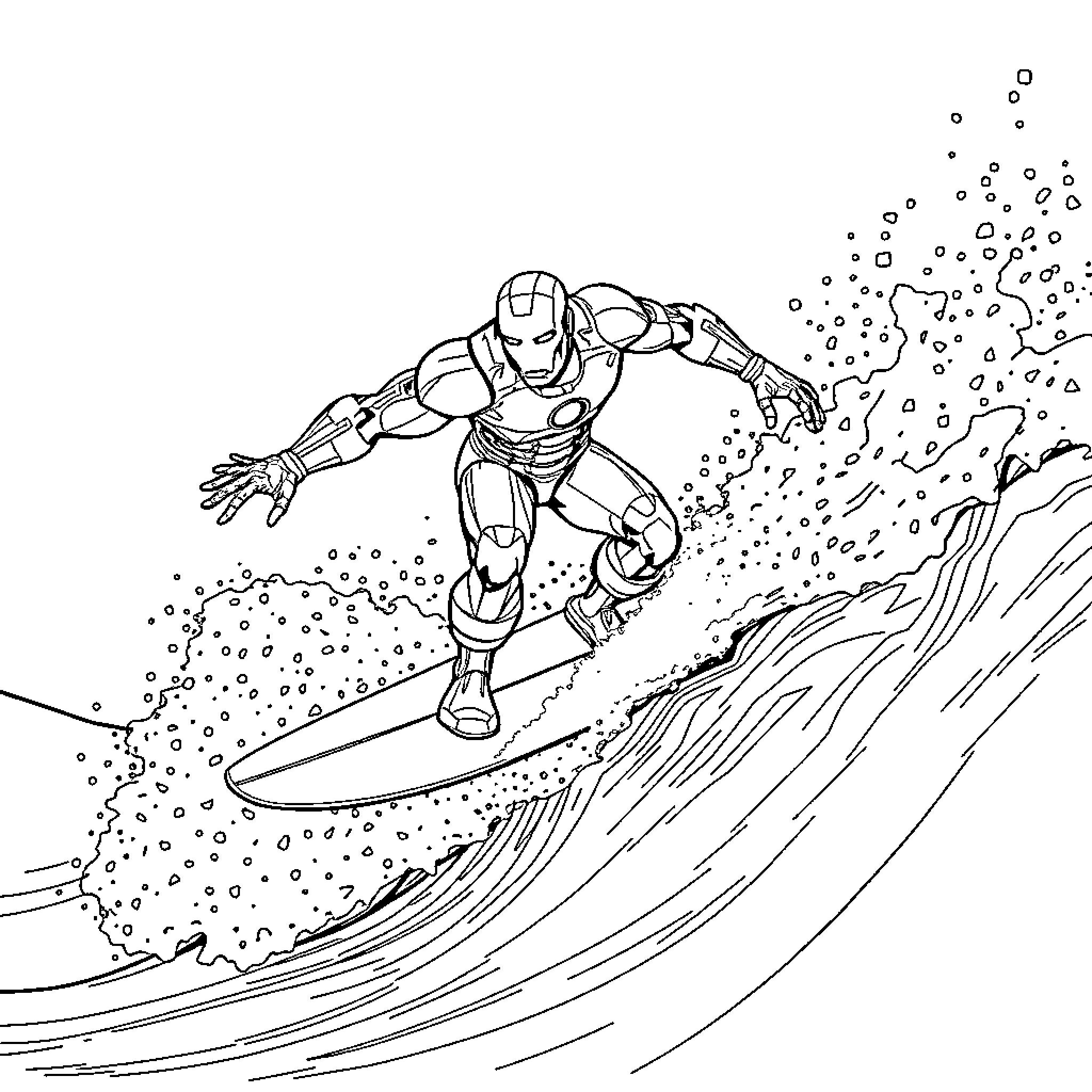 Iron Man Surfing on Crashing Waves Coloring Page (free black-and-white line drawing printable PDF for all, from beginners to advanced learners, including children, teens, adults, and seniors)