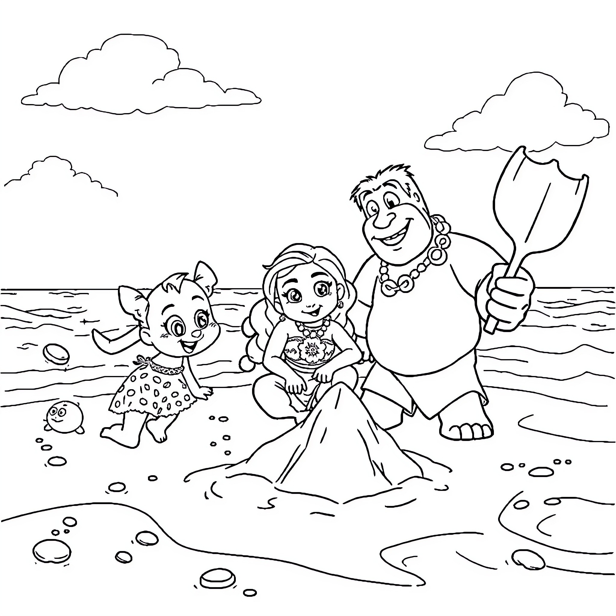 Bluey's fun beach adventure with family Coloring Page (free black-and-white line drawing printable PDF for all, from beginners to advanced learners, including children, teens, adults, and seniors)