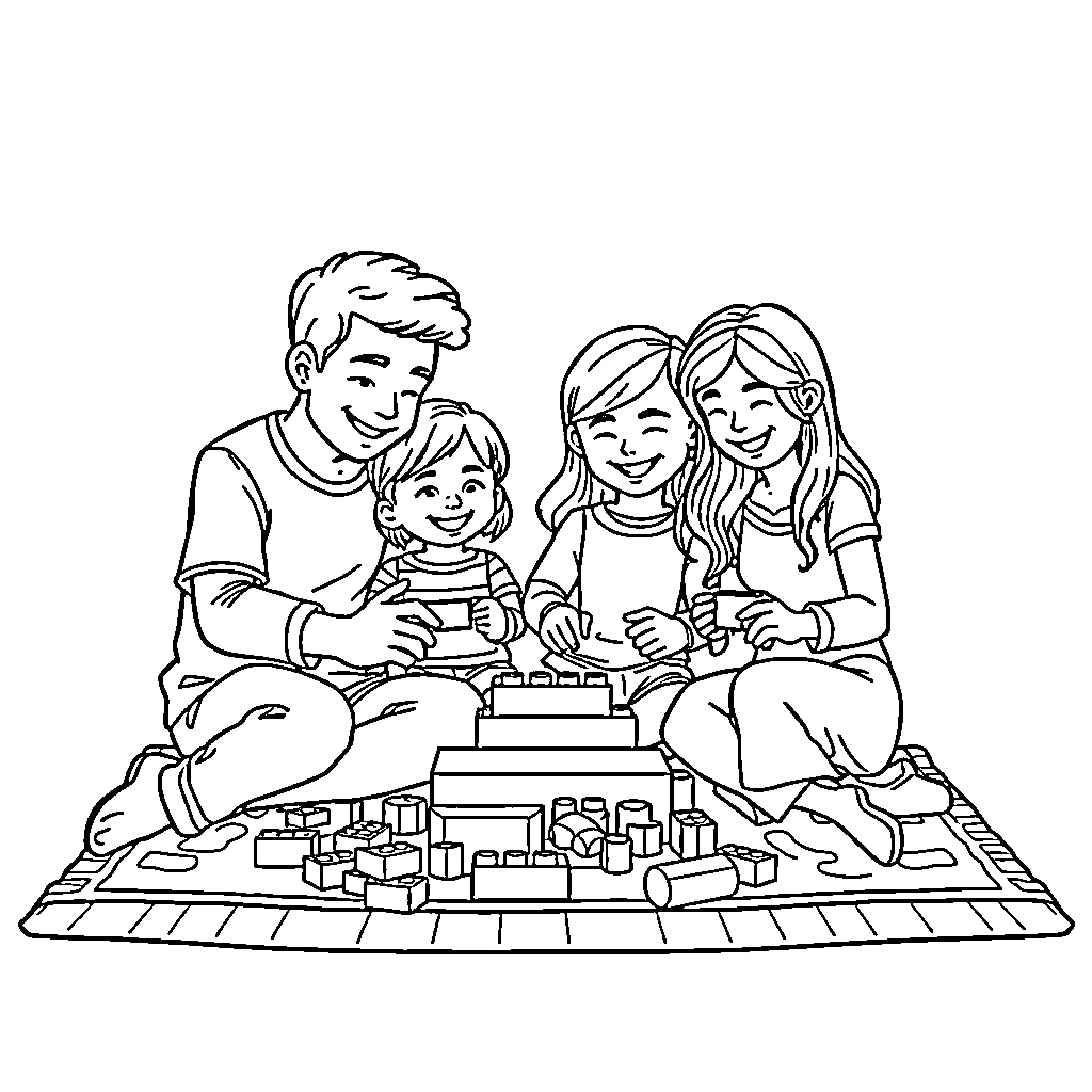 Family Building Blocks Together Coloring Page (free black-and-white line drawing printable PDF for all, from beginners to advanced learners, including children, teens, adults, and seniors)