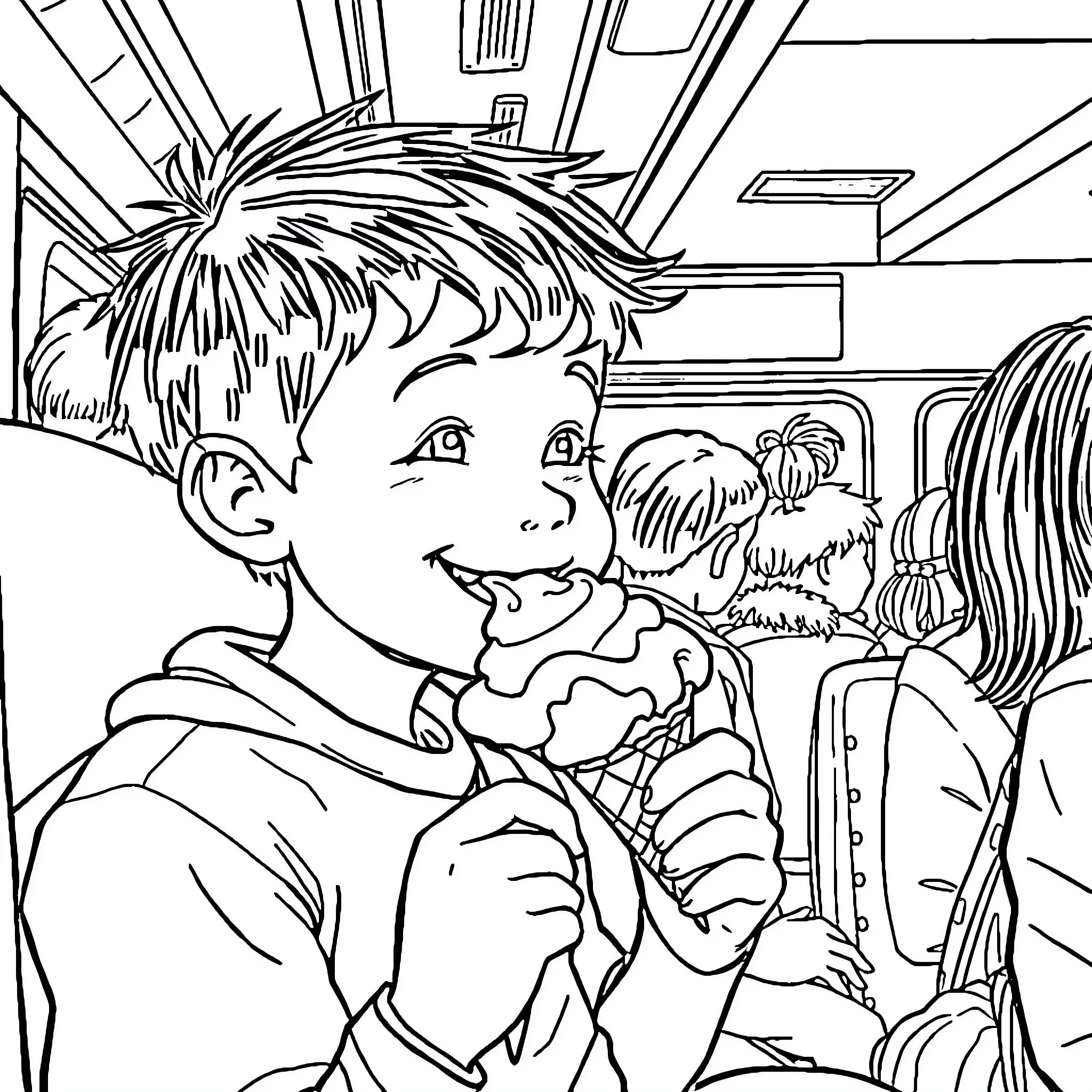 Boy playing with a toy in a classroom setting Coloring Page (free black-and-white line drawing printable PDF for all, from beginners to advanced learners, including children, teens, adults, and seniors)