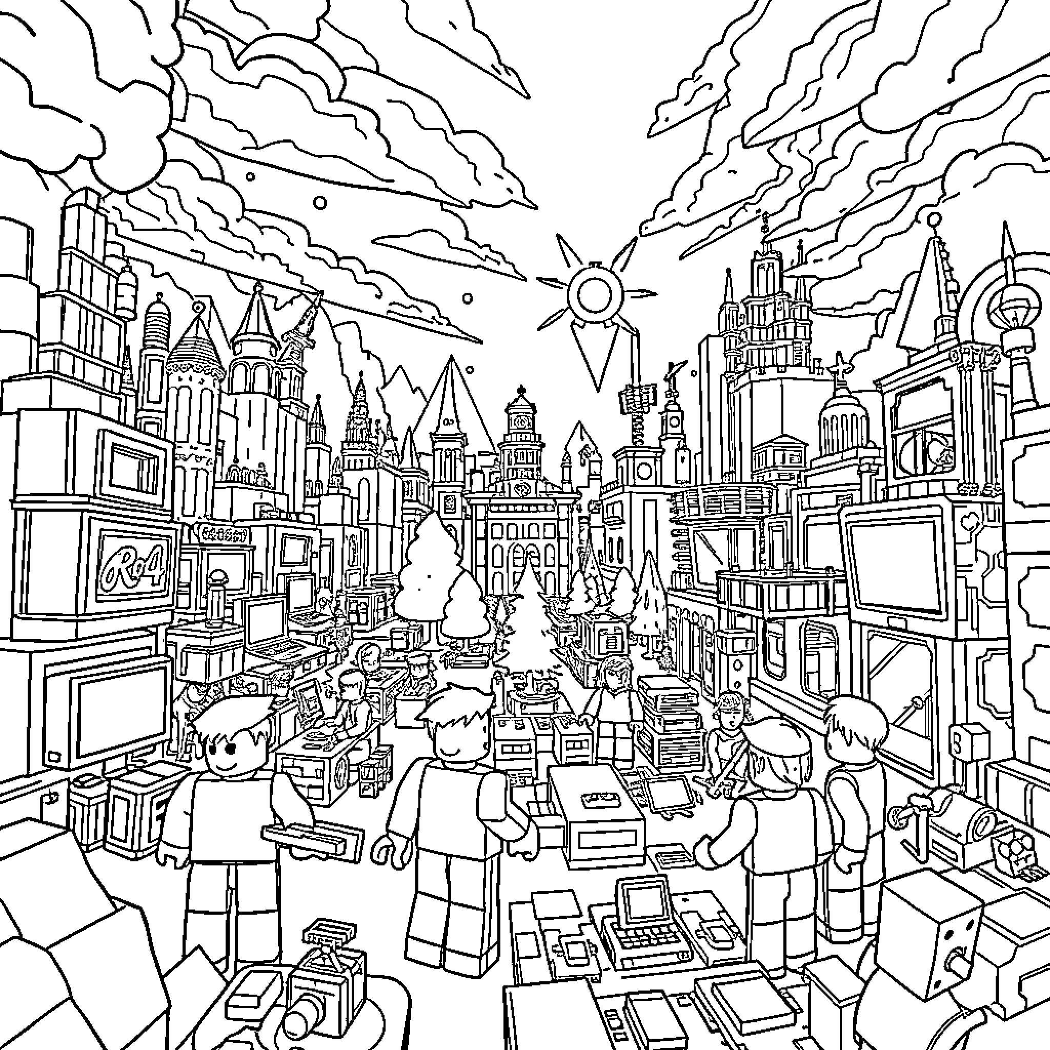 Roblox Bustling Cityscape with Playful Avatars Coloring Page (free black-and-white line drawing printable PDF for all, from beginners to advanced learners, including children, teens, adults, and seniors)