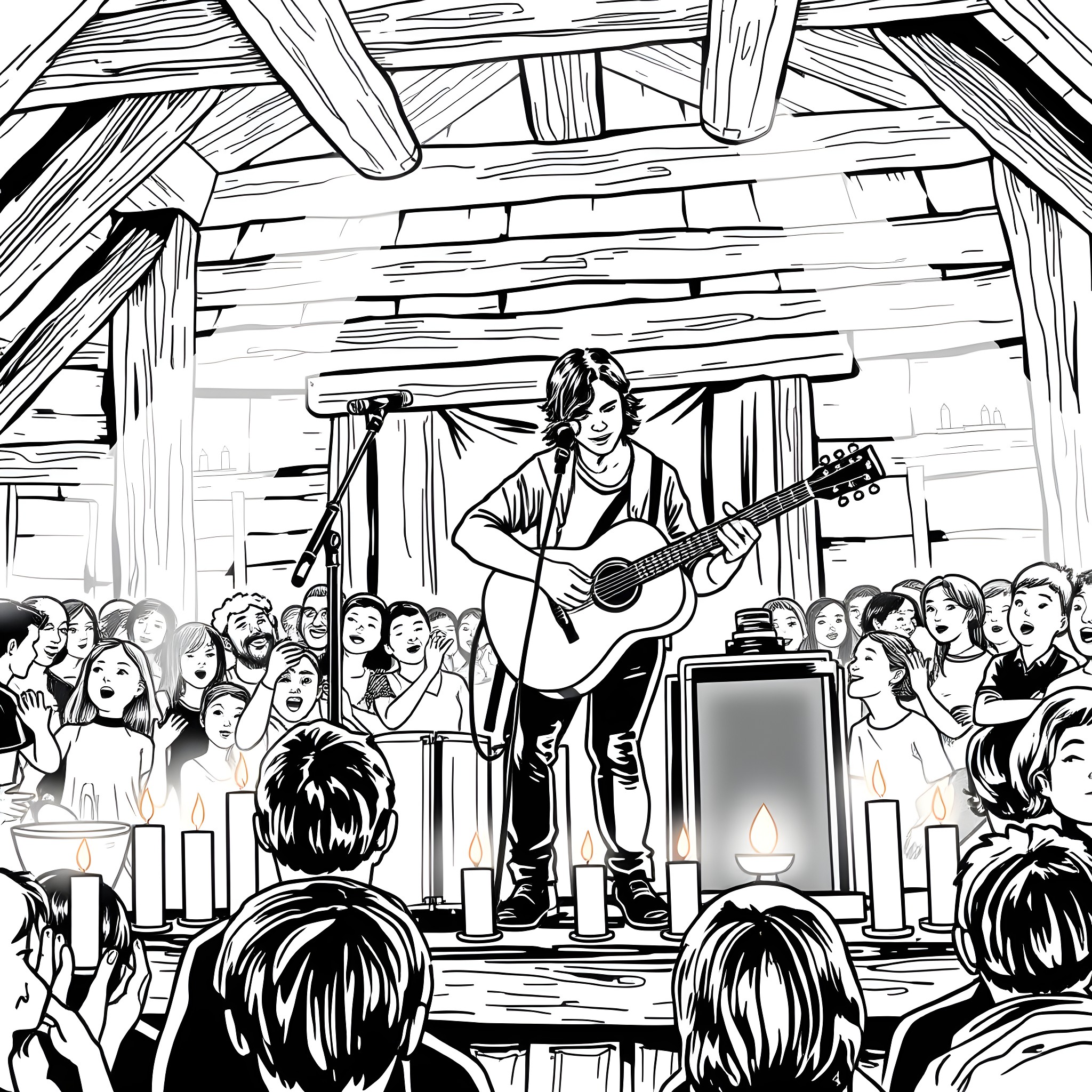 Hozier performing on a stage for a lively crowd Coloring Page (free black-and-white line drawing printable PDF for all, from beginners to advanced learners, including children, teens, adults, and seniors)