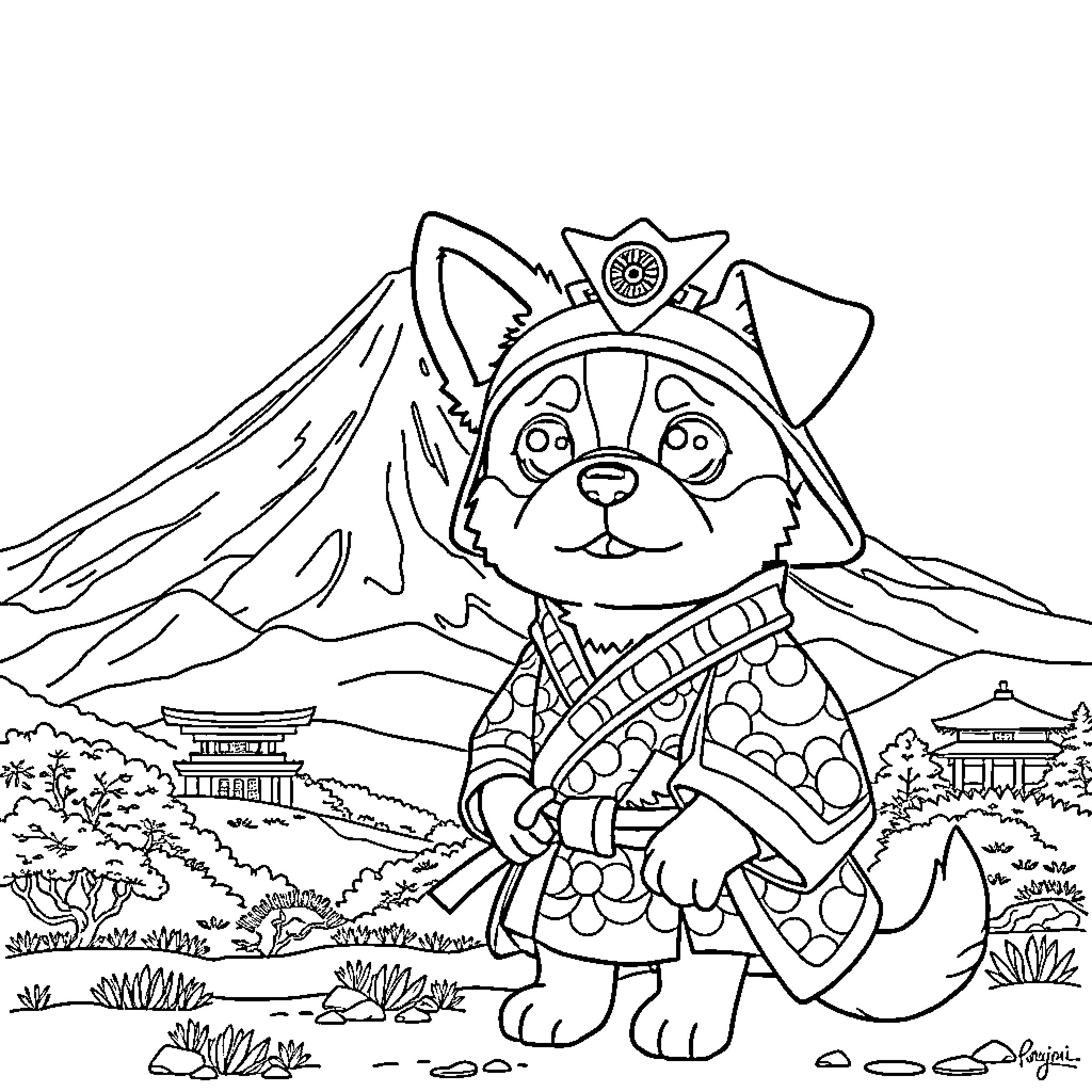Dog dressed in traditional Asian outfit exploring scenic landscape Coloring Page (free black-and-white line drawing printable PDF for all, from beginners to advanced learners, including children, teens, adults, and seniors)