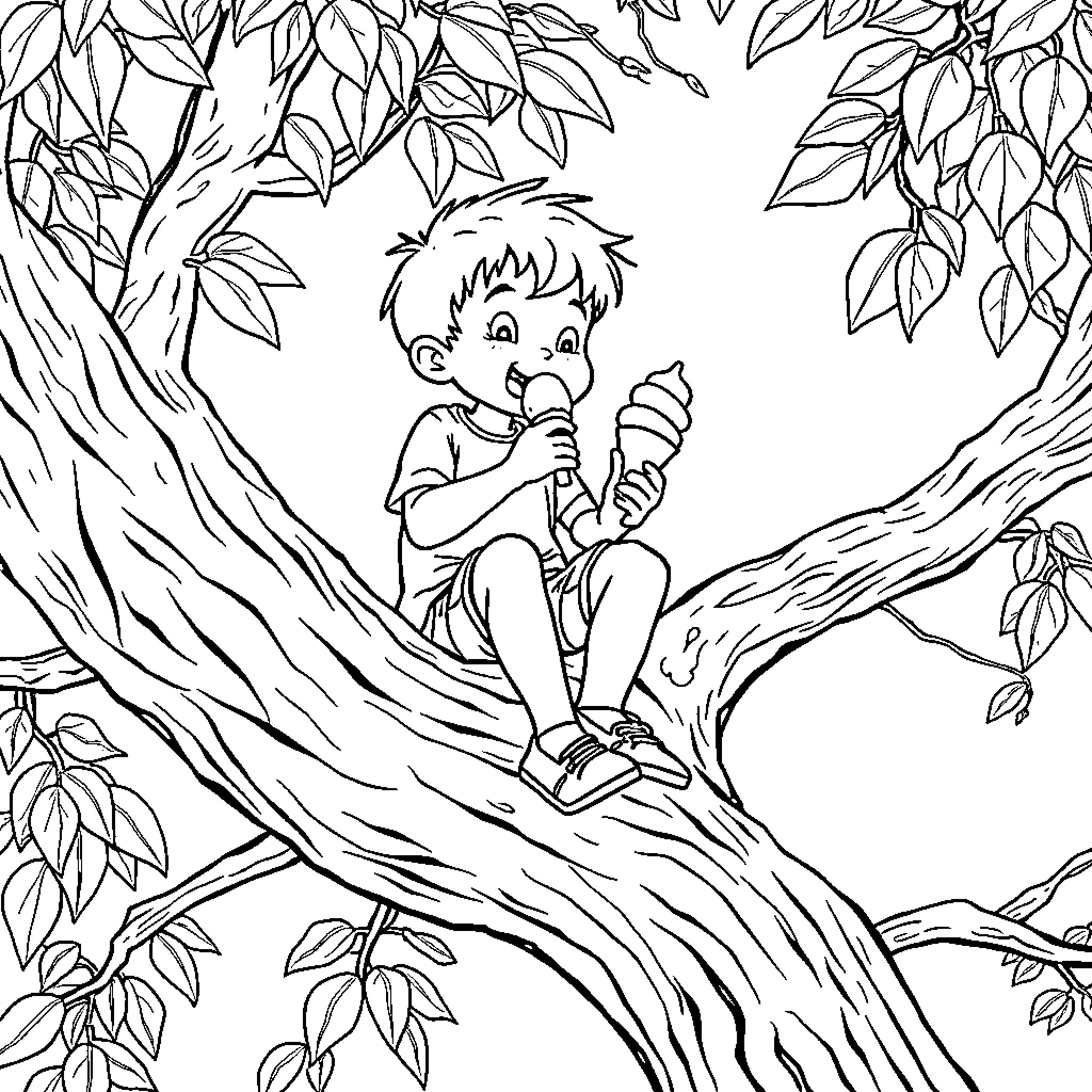 Boy enjoying a tasty treat in the tree Coloring Page (free black-and-white line drawing printable PDF for all, from beginners to advanced learners, including children, teens, adults, and seniors)