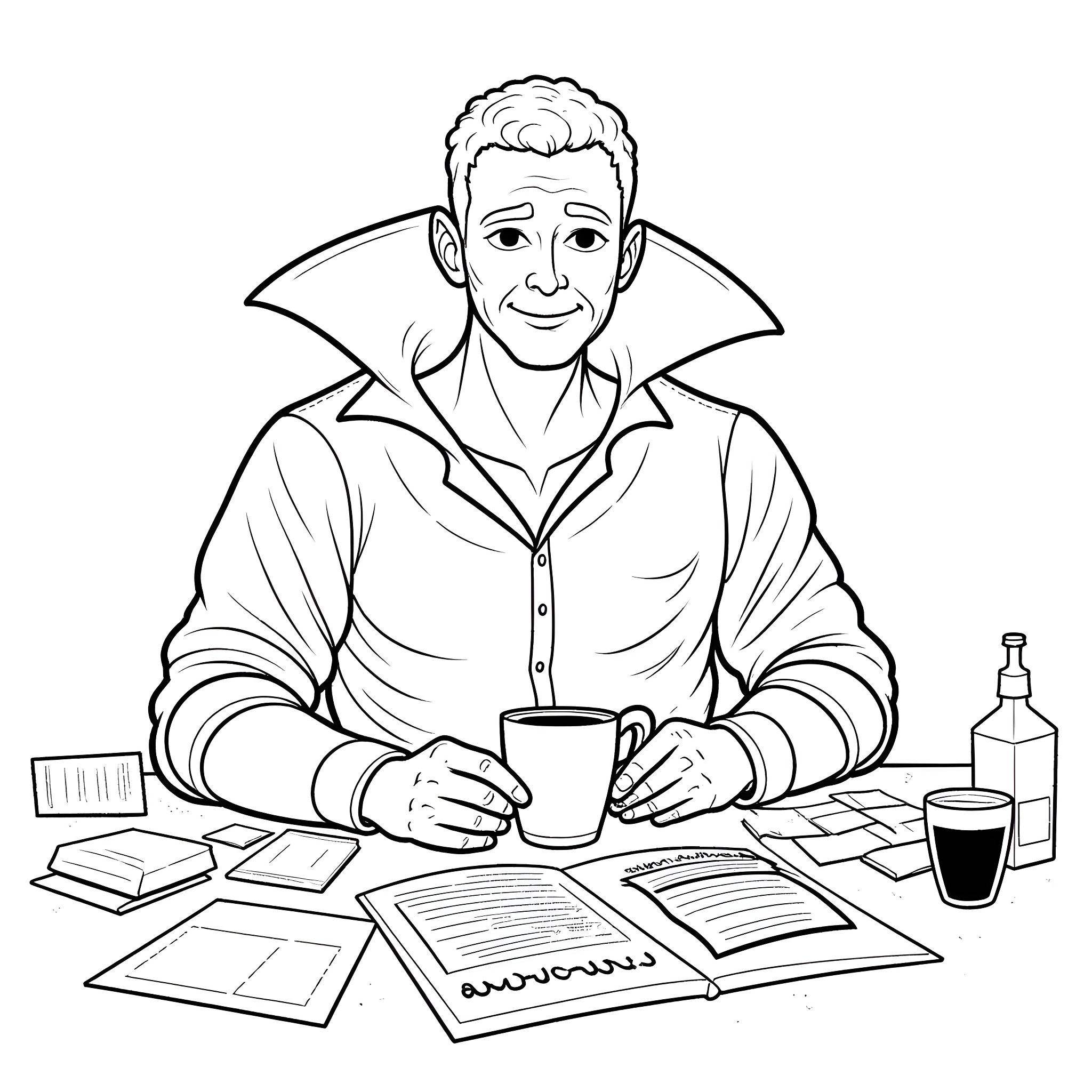 Vampire Count enjoying a cup of coffee at his desk Coloring Page (free black-and-white line drawing printable PDF for all, from beginners to advanced learners, including children, teens, adults, and seniors)