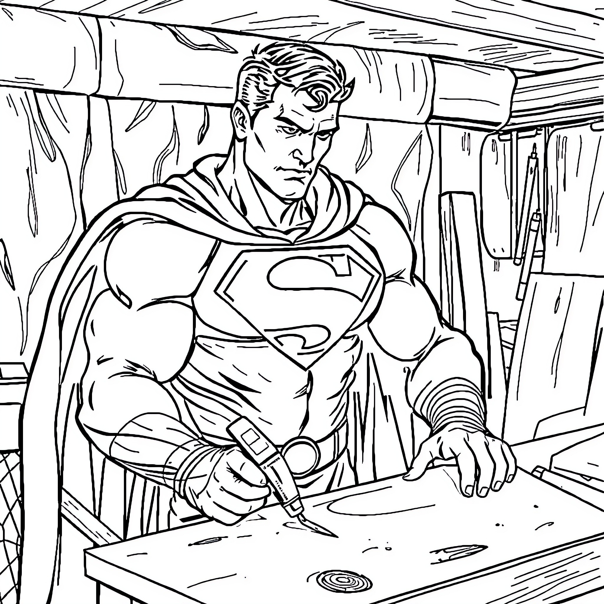 Superman crafting in his workshop Coloring Page (free black-and-white line drawing printable PDF for all, from beginners to advanced learners, including children, teens, adults, and seniors)