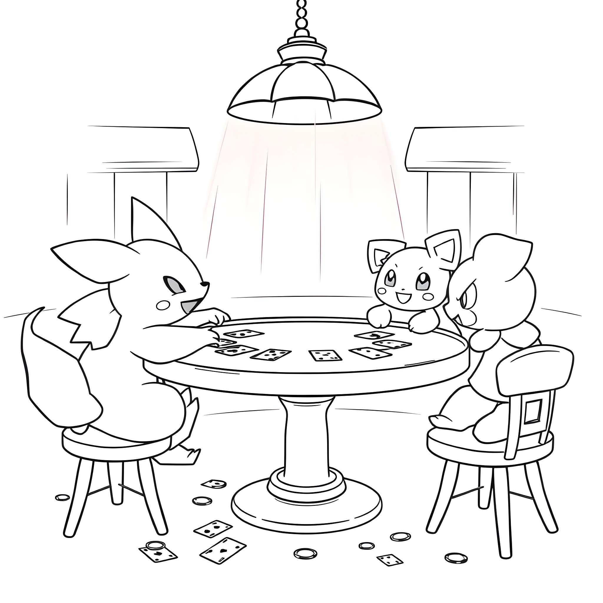 Munchlax and friends enjoying a game night Coloring Page (free black-and-white line drawing printable PDF for all, from beginners to advanced learners, including children, teens, adults, and seniors)