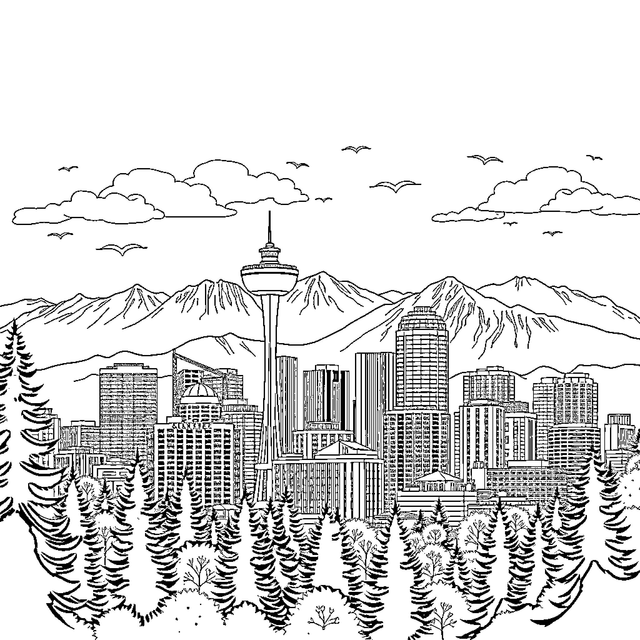 Vancouver skyline and mountain landscape Coloring Page (free black-and-white line drawing printable PDF for all, from beginners to advanced learners, including children, teens, adults, and seniors)