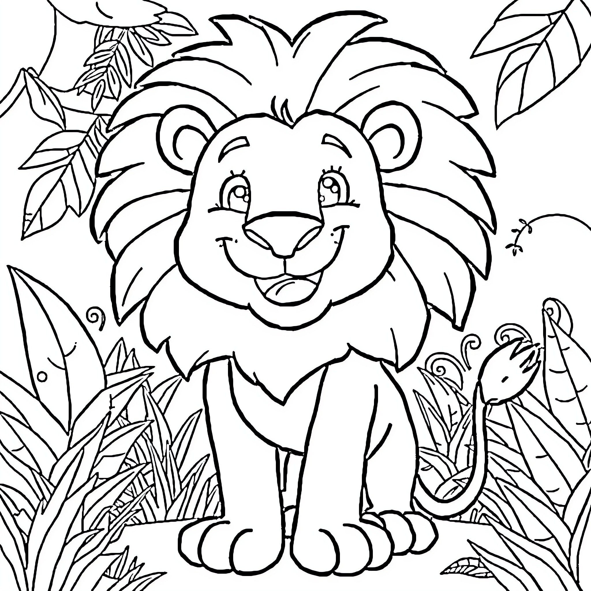 Lion in the Jungle Coloring Page (free black-and-white line drawing printable PDF for all, from beginners to advanced learners, including children, teens, adults, and seniors)