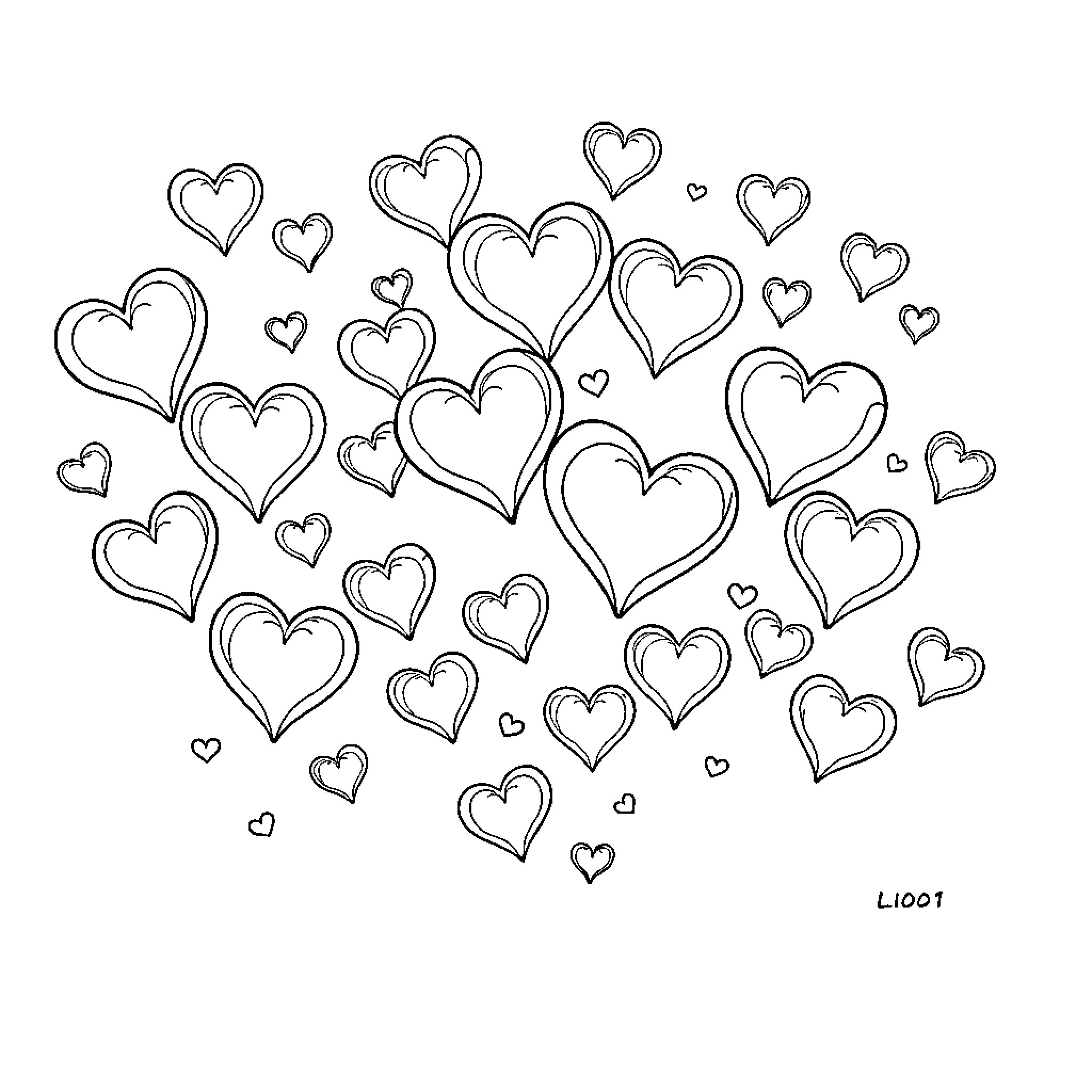 Heart-shaped Expressions of Love Coloring Page (free black-and-white line drawing printable PDF for all, from beginners to advanced learners, including children, teens, adults, and seniors)