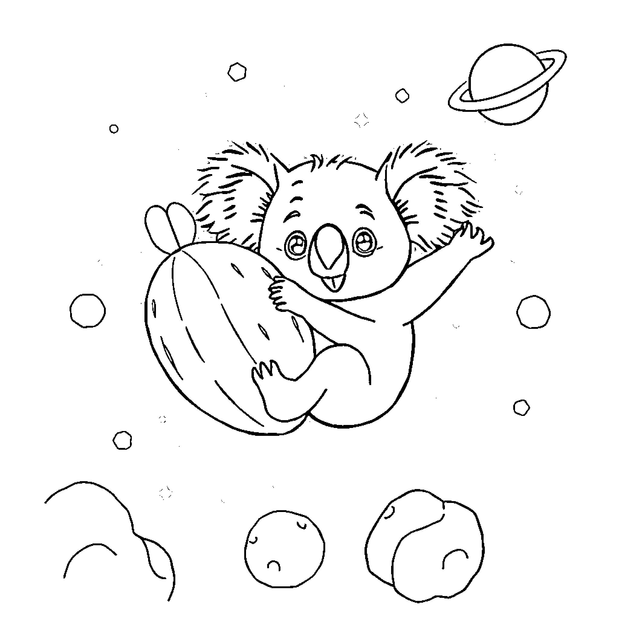 Koala exploring outer space Coloring Page (free black-and-white line drawing printable PDF for all, from beginners to advanced learners, including children, teens, adults, and seniors)