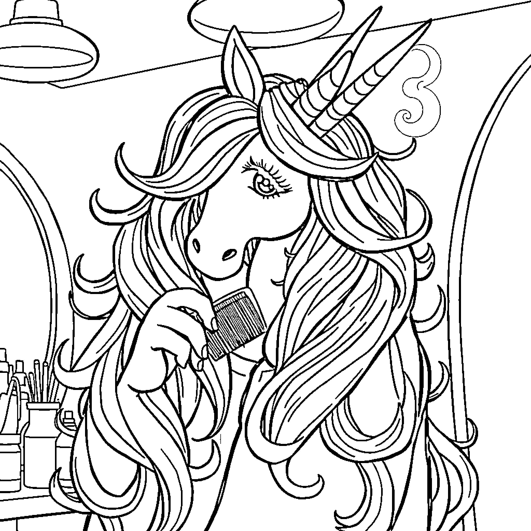Unicorn applying makeup in front of mirror Coloring Page (free black-and-white line drawing printable PDF for all, from beginners to advanced learners, including children, teens, adults, and seniors)