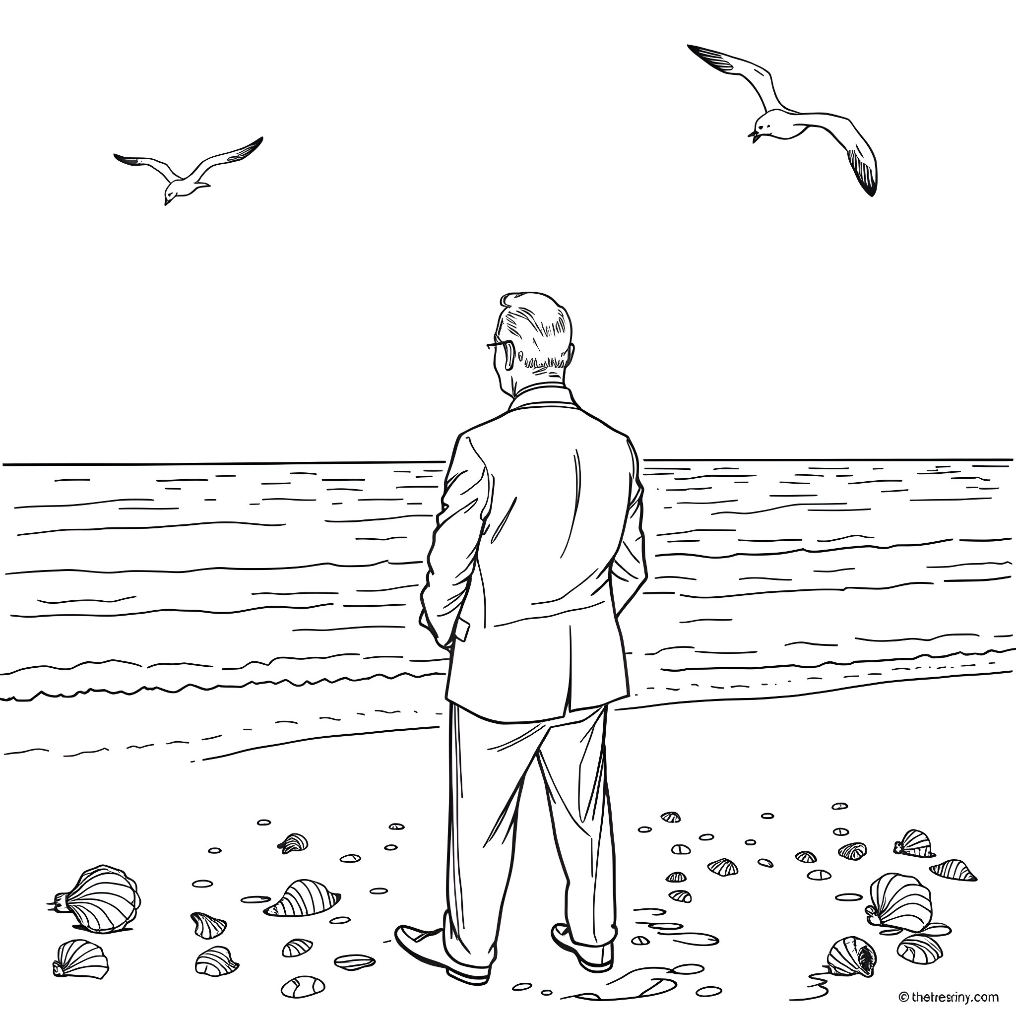 Joe Biden walking alone on the beach with seagulls Coloring Page (free black-and-white line drawing printable PDF for all, from beginners to advanced learners, including children, teens, adults, and seniors)