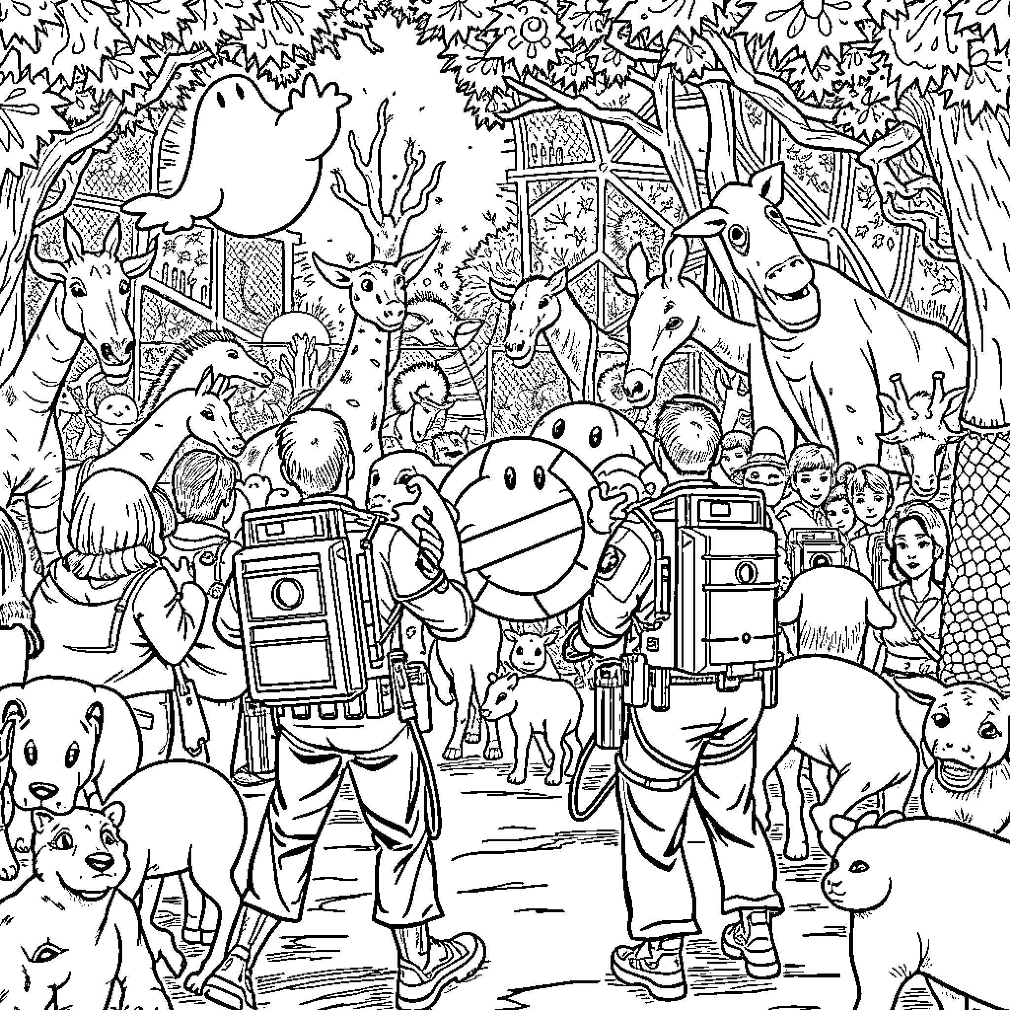Ghostbusters battle whimsical supernatural creatures in a fantastical scene Coloring Page (free black-and-white line drawing printable PDF for all, from beginners to advanced learners, including children, teens, adults, and seniors)