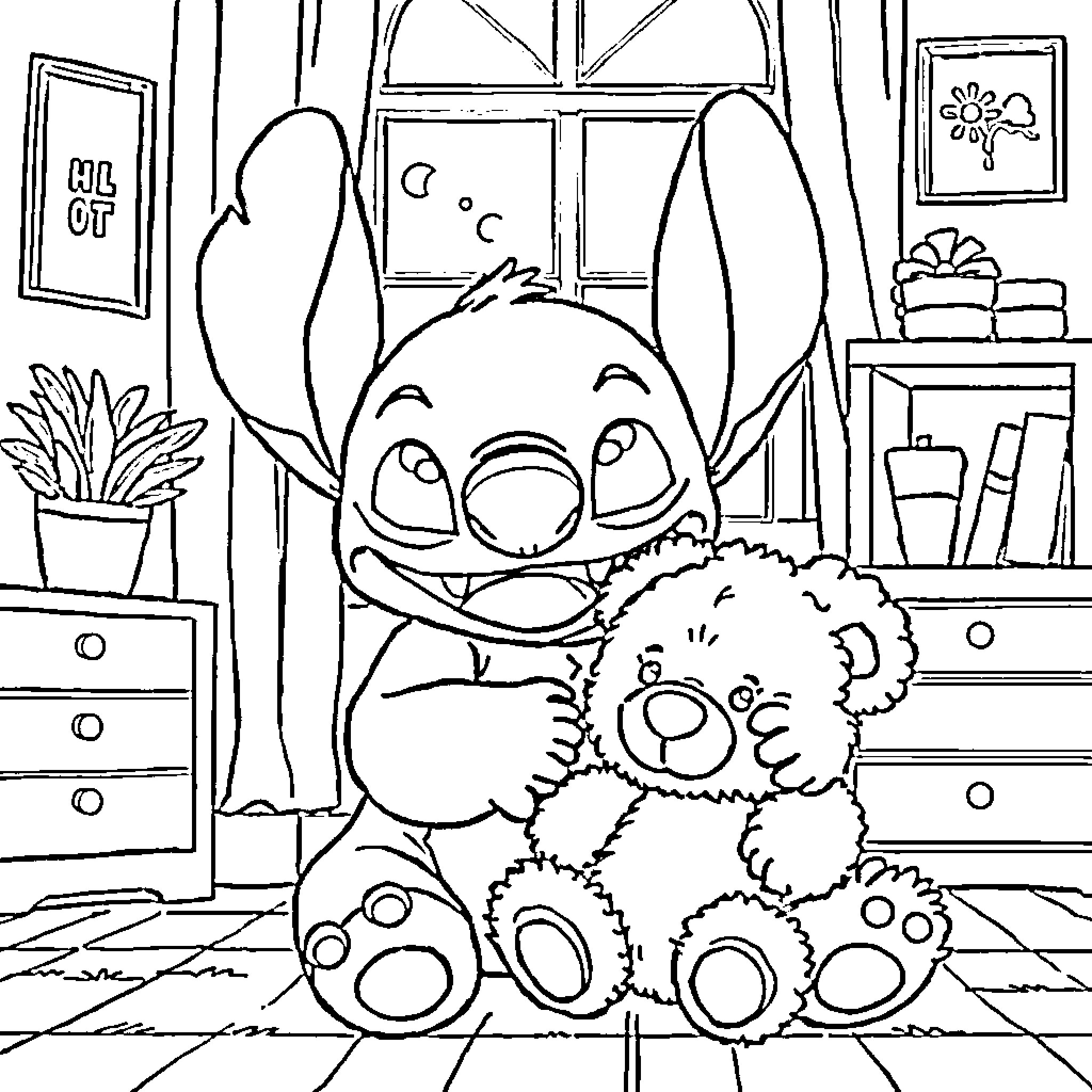 Stitch hugging a plush toy in a cozy room Coloring Page (free black-and-white line drawing printable PDF for all, from beginners to advanced learners, including children, teens, adults, and seniors)