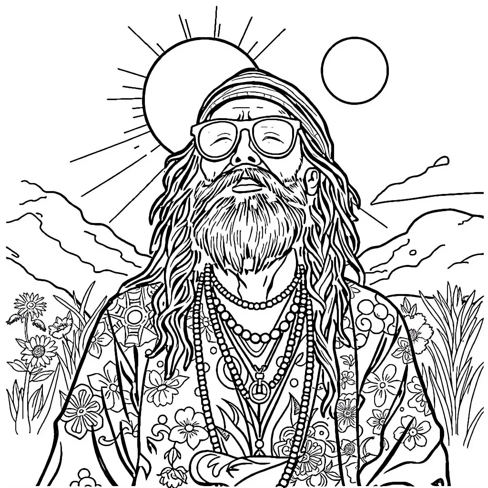 Bearded Hippy Sitting Peacefully in a Floral Field Coloring Page (free black-and-white line drawing printable PDF for all, from beginners to advanced learners, including children, teens, adults, and seniors)