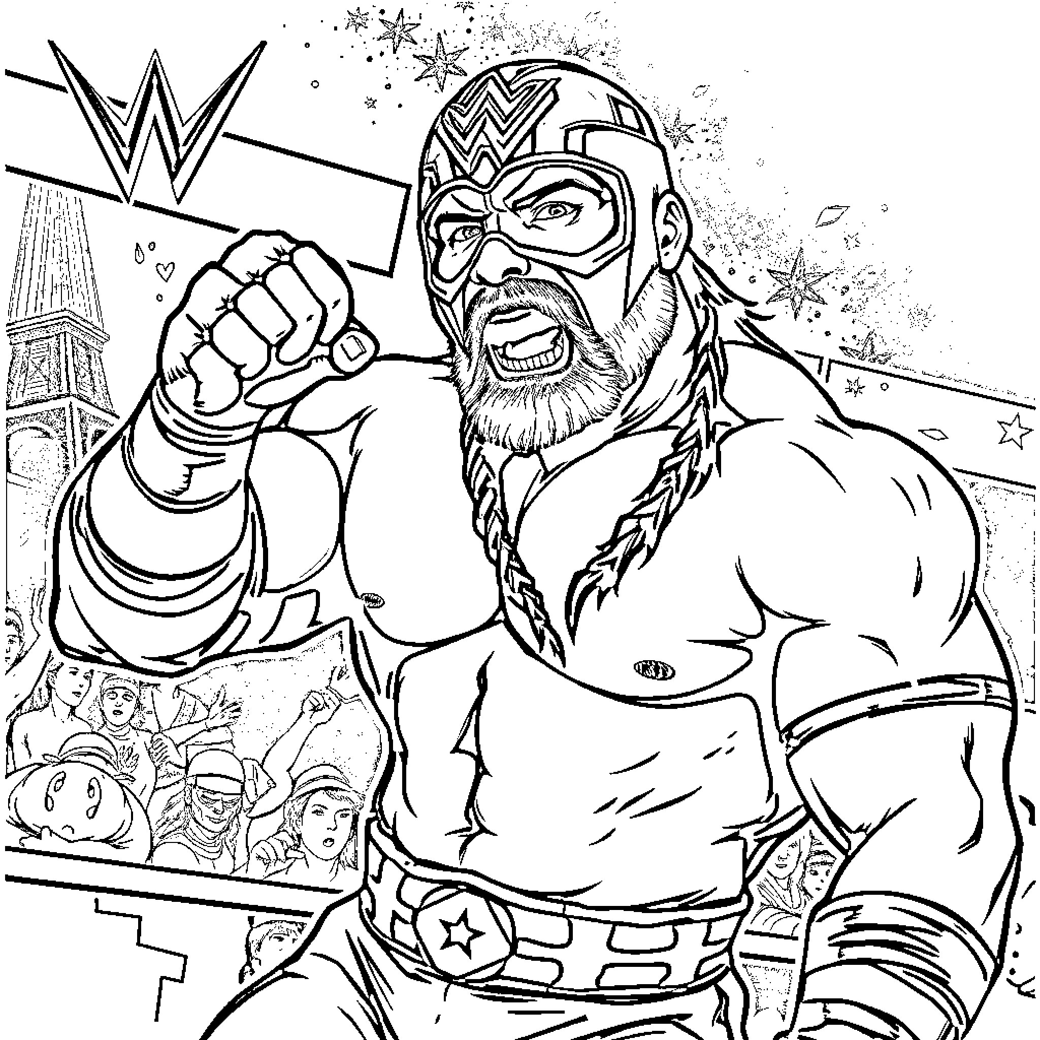 Akeem's Powerful Wrestling Pose Coloring Page (free black-and-white line drawing printable PDF for all, from beginners to advanced learners, including children, teens, adults, and seniors)
