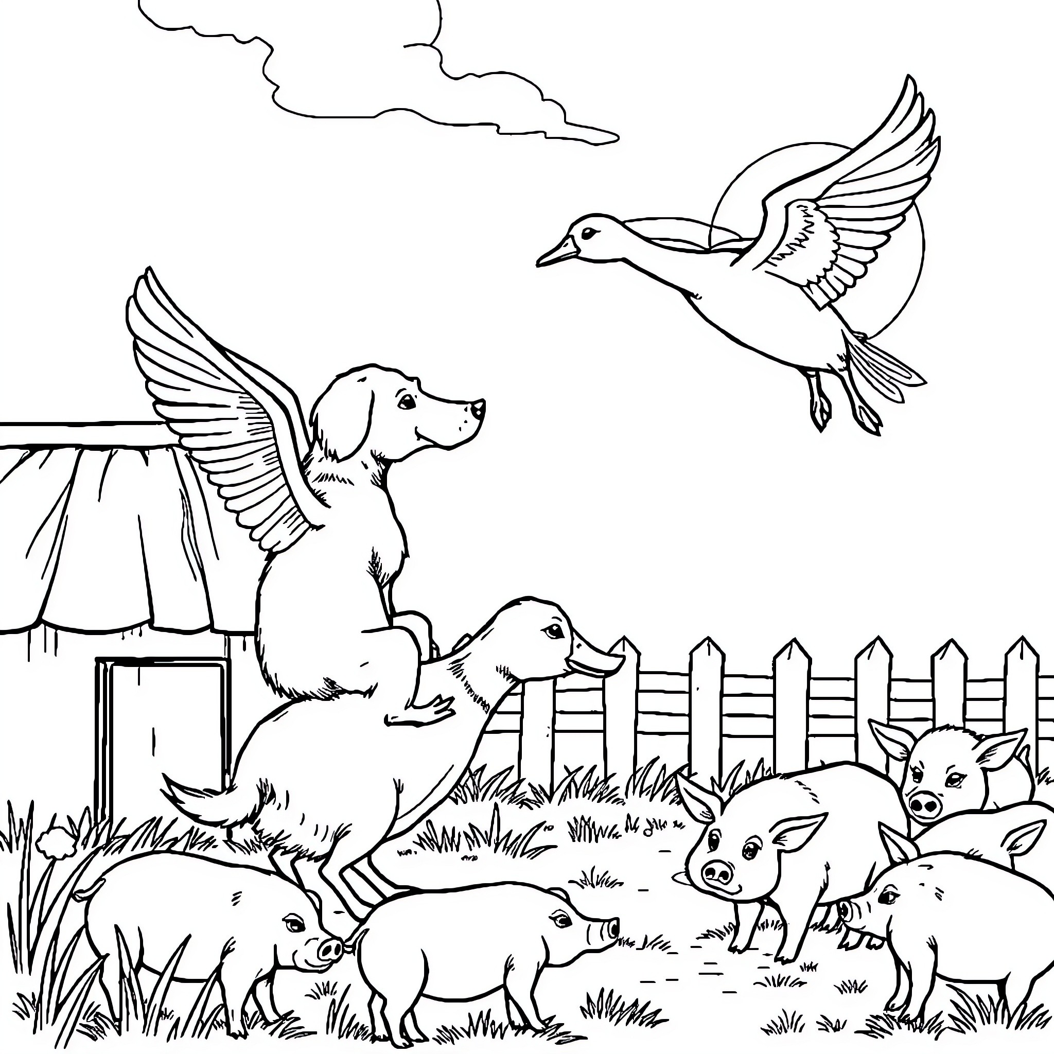 Dog and Piglets Relaxing in Nature Coloring Page (free black-and-white line drawing printable PDF for all, from beginners to advanced learners, including children, teens, adults, and seniors)