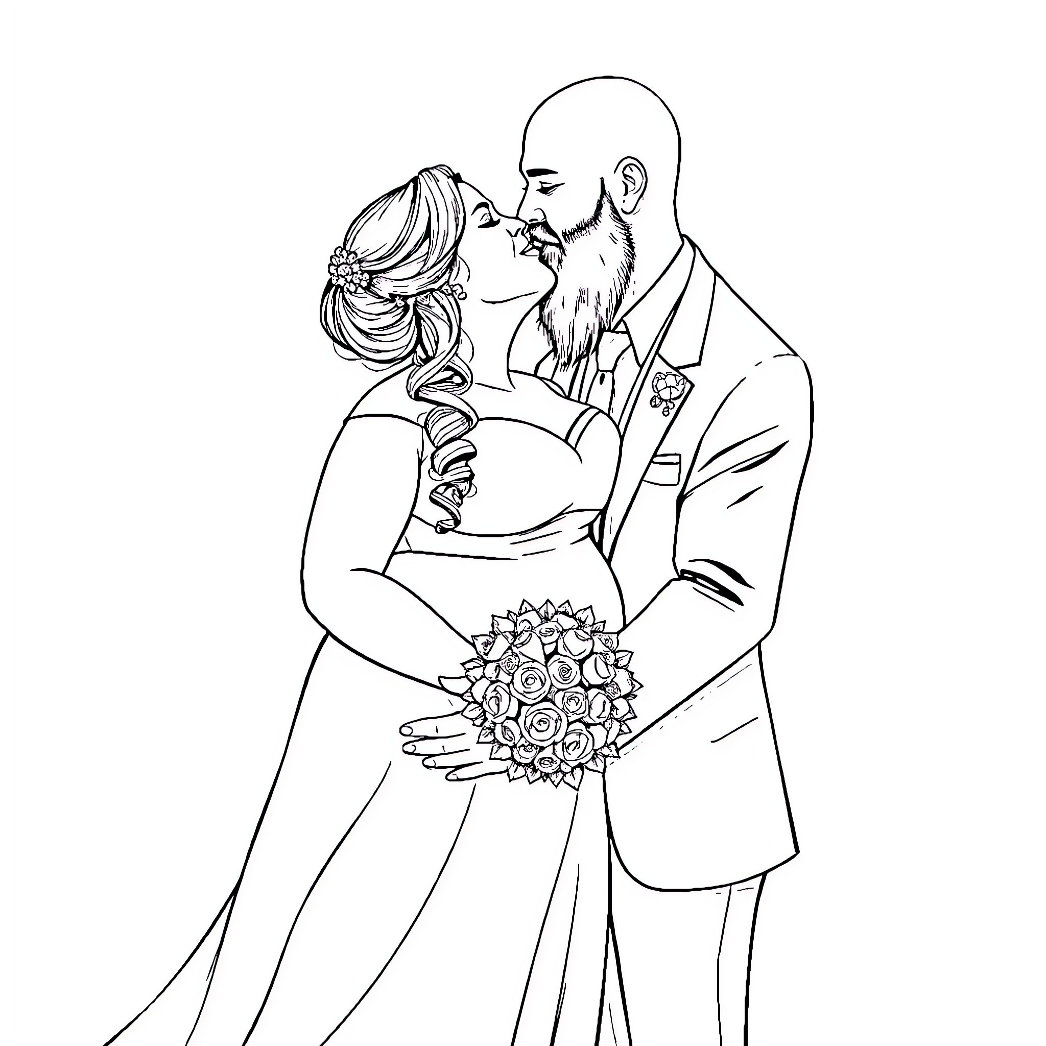 Bride and Groom sharing a romantic moment Coloring Page (free black-and-white line drawing printable PDF for all, from beginners to advanced learners, including children, teens, adults, and seniors)