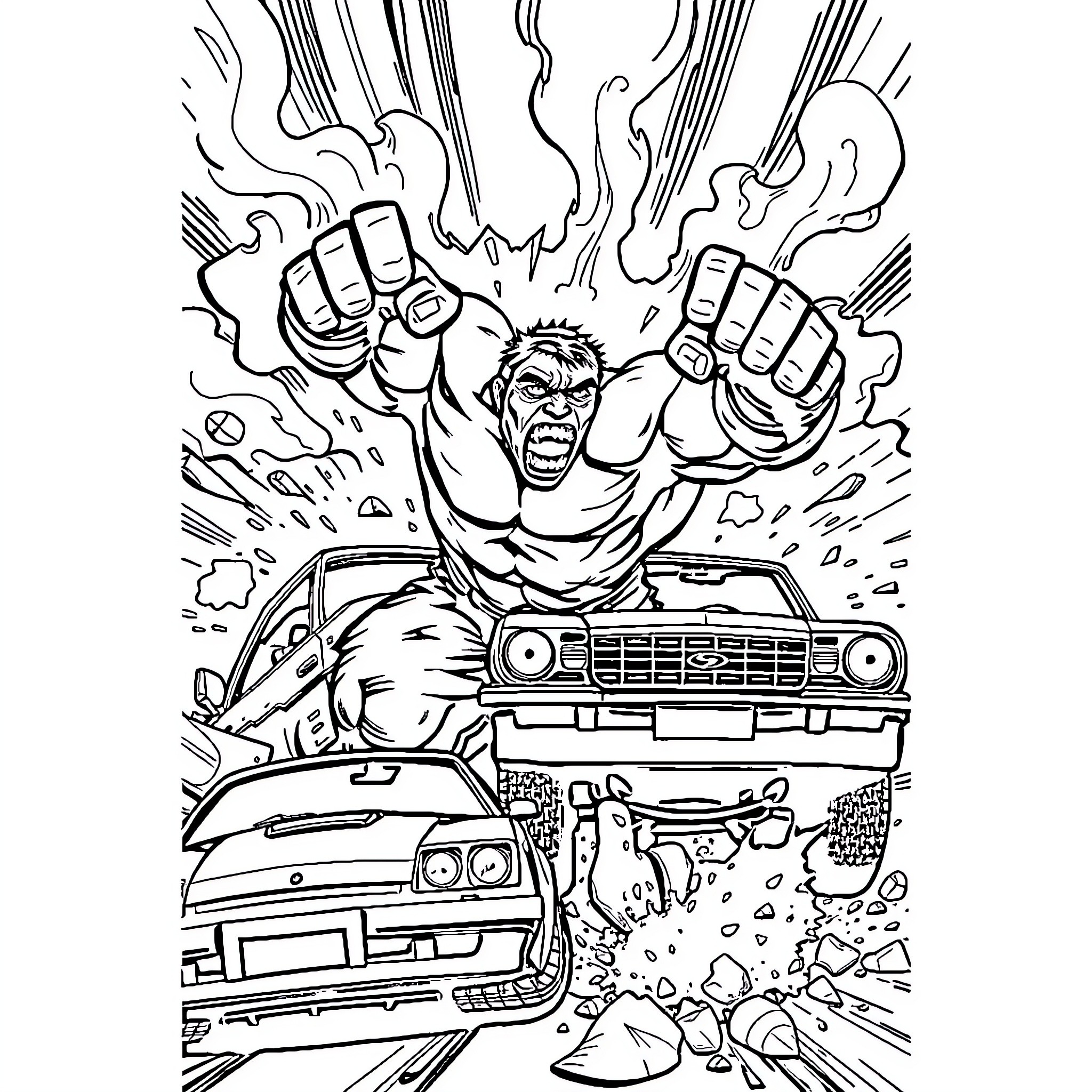 Hulk Unleashing Mighty Strength Amid Chaos and Destruction Coloring Page (free black-and-white line drawing printable PDF for all, from beginners to advanced learners, including children, teens, adults, and seniors)