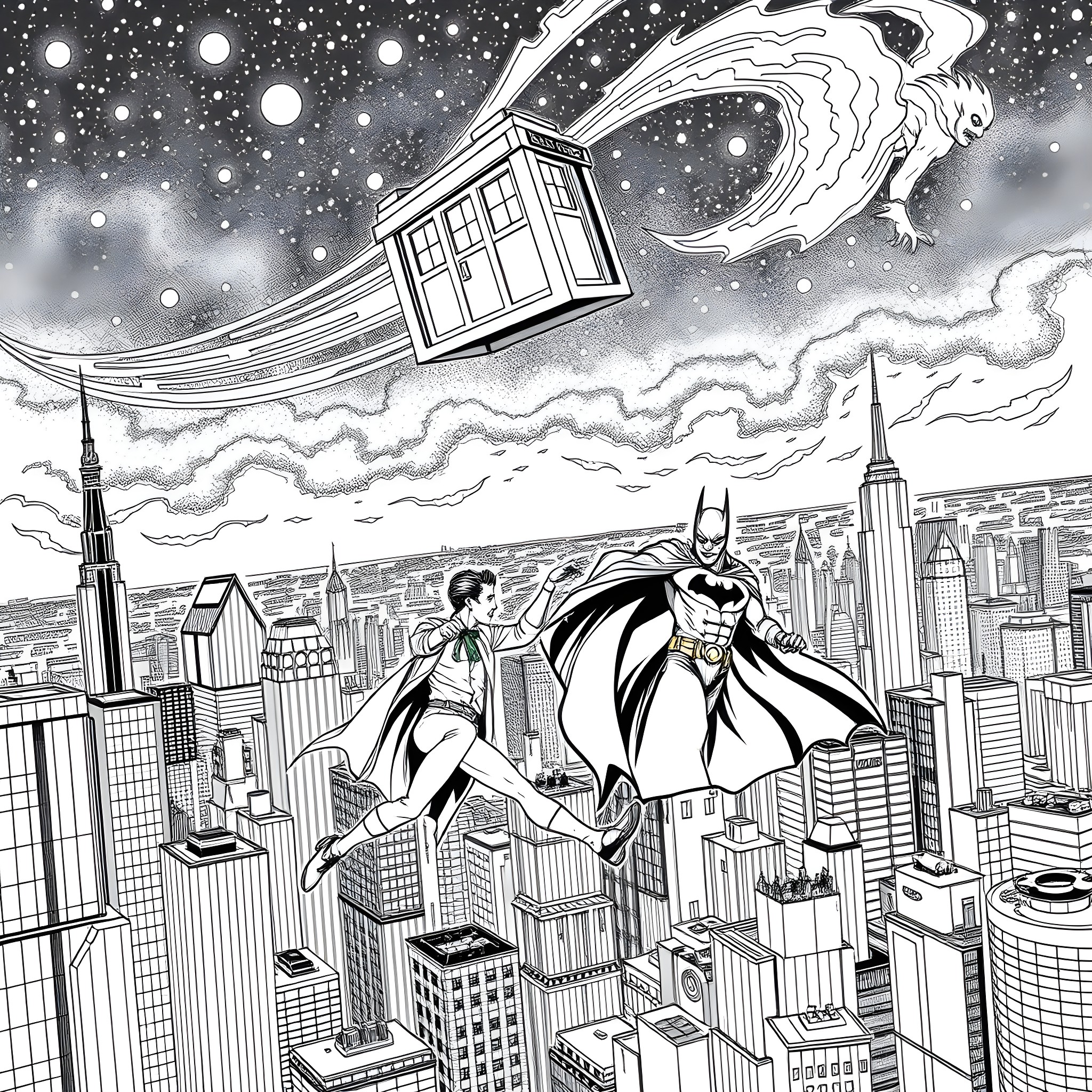 Doctor Battles Mystical Foe in Futuristic City Coloring Page (free black-and-white line drawing printable PDF for all, from beginners to advanced learners, including children, teens, adults, and seniors)