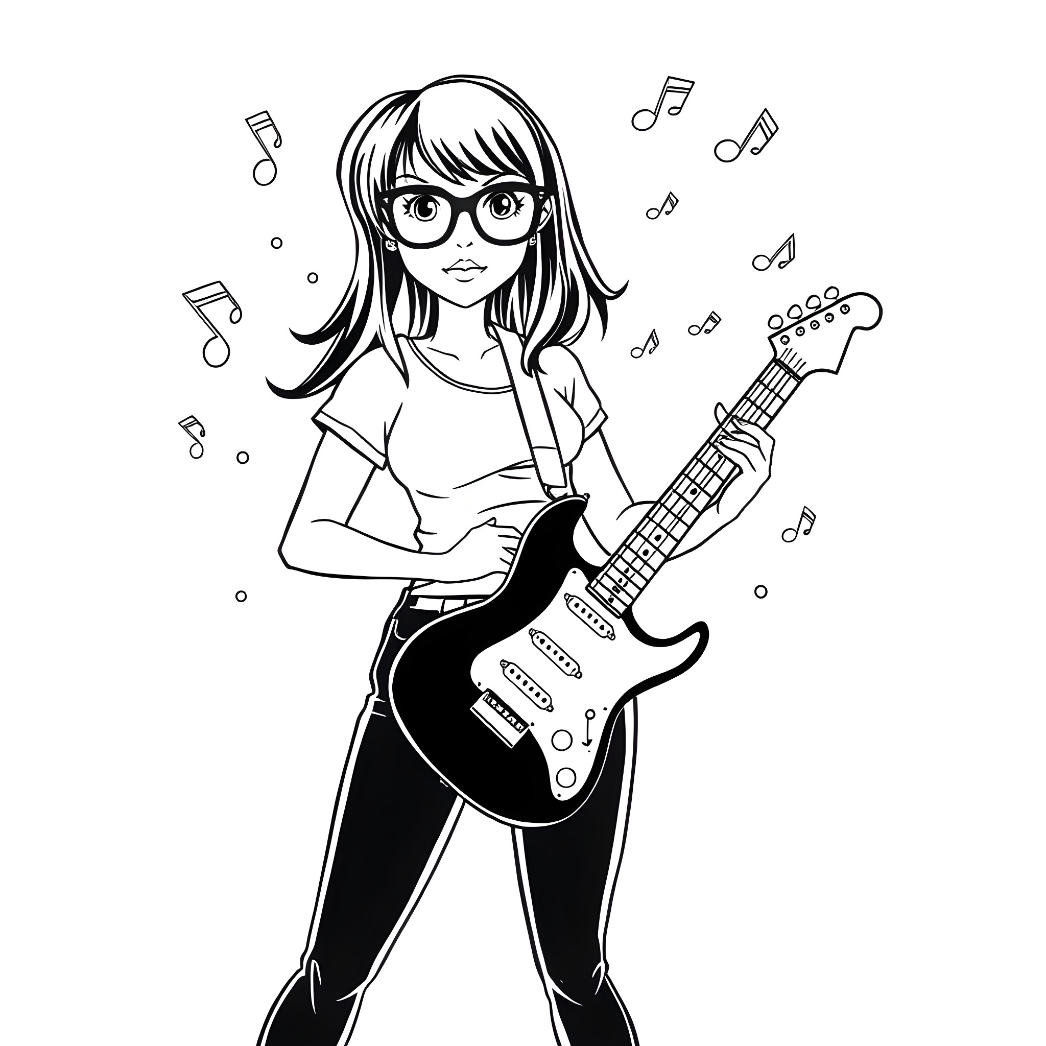 Tina playing the electric guitar with enthusiasm Coloring Page (free black-and-white line drawing printable PDF for all, from beginners to advanced learners, including children, teens, adults, and seniors)