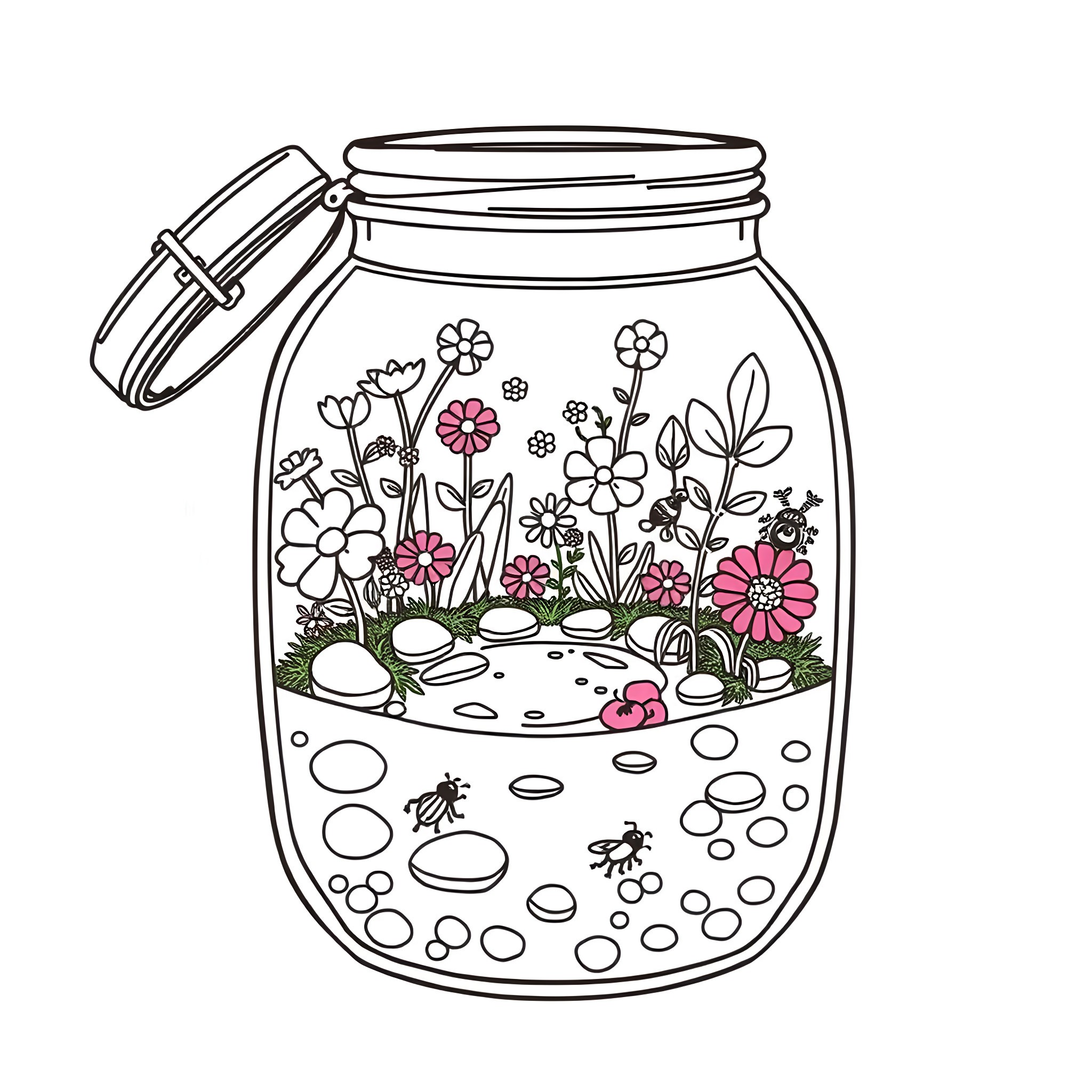 Life In A Jar: Flowers and Critters Contained Coloring Page (free black-and-white line drawing printable PDF for all, from beginners to advanced learners, including children, teens, adults, and seniors)