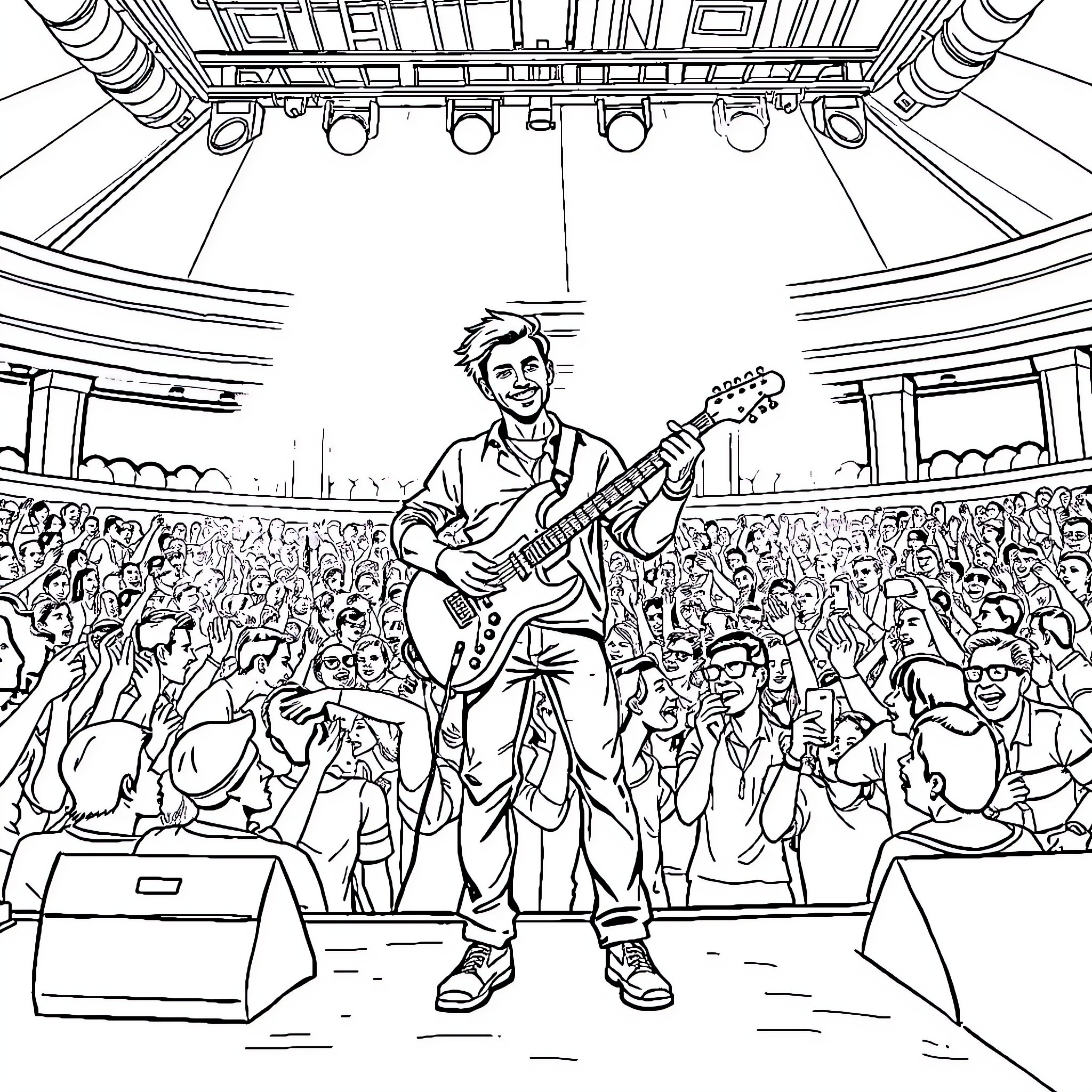Guy performing rock music on stage with a crowd Coloring Page (free black-and-white line drawing printable PDF for all, from beginners to advanced learners, including children, teens, adults, and seniors)