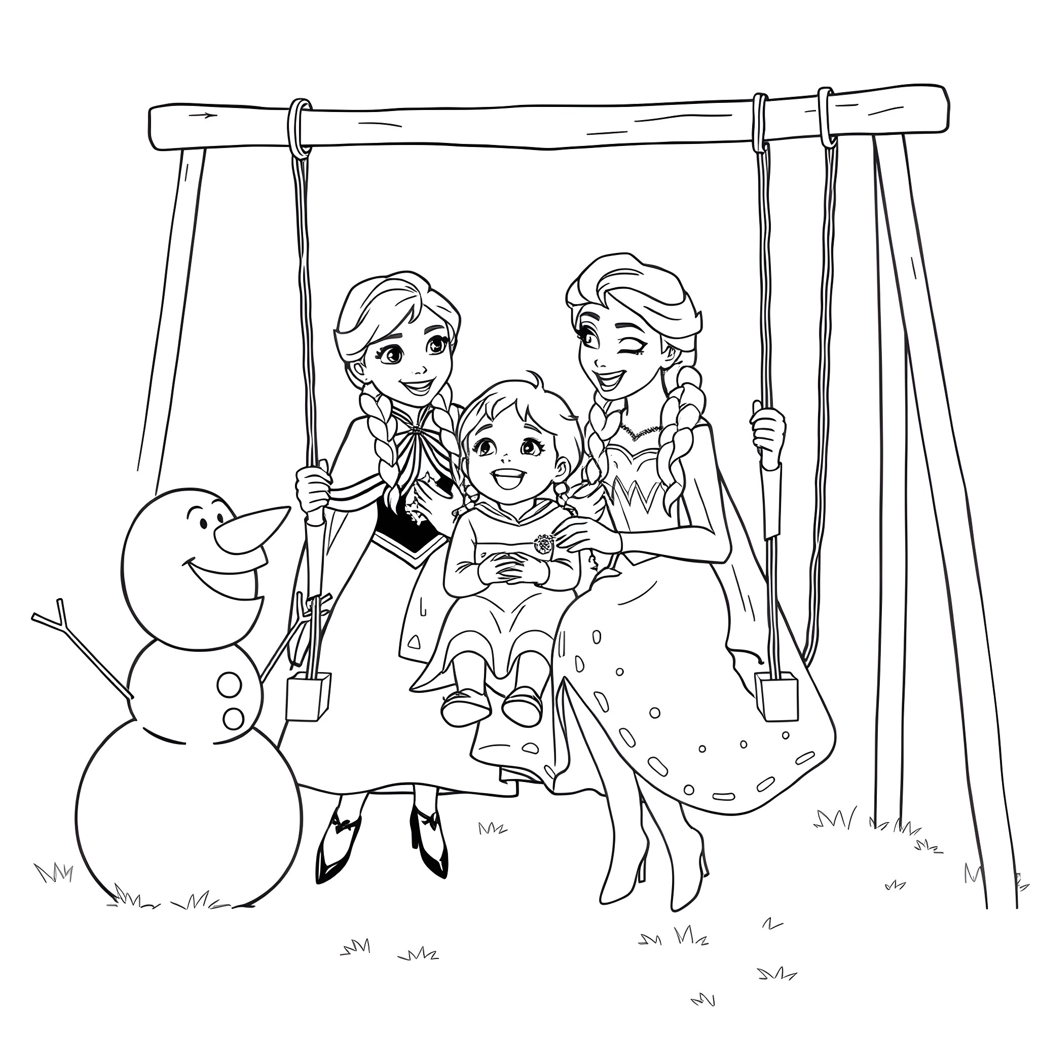 Elsa and her sisters enjoying a swing in the winter wonderland Coloring Page (free black-and-white line drawing printable PDF for all, from beginners to advanced learners, including children, teens, adults, and seniors)