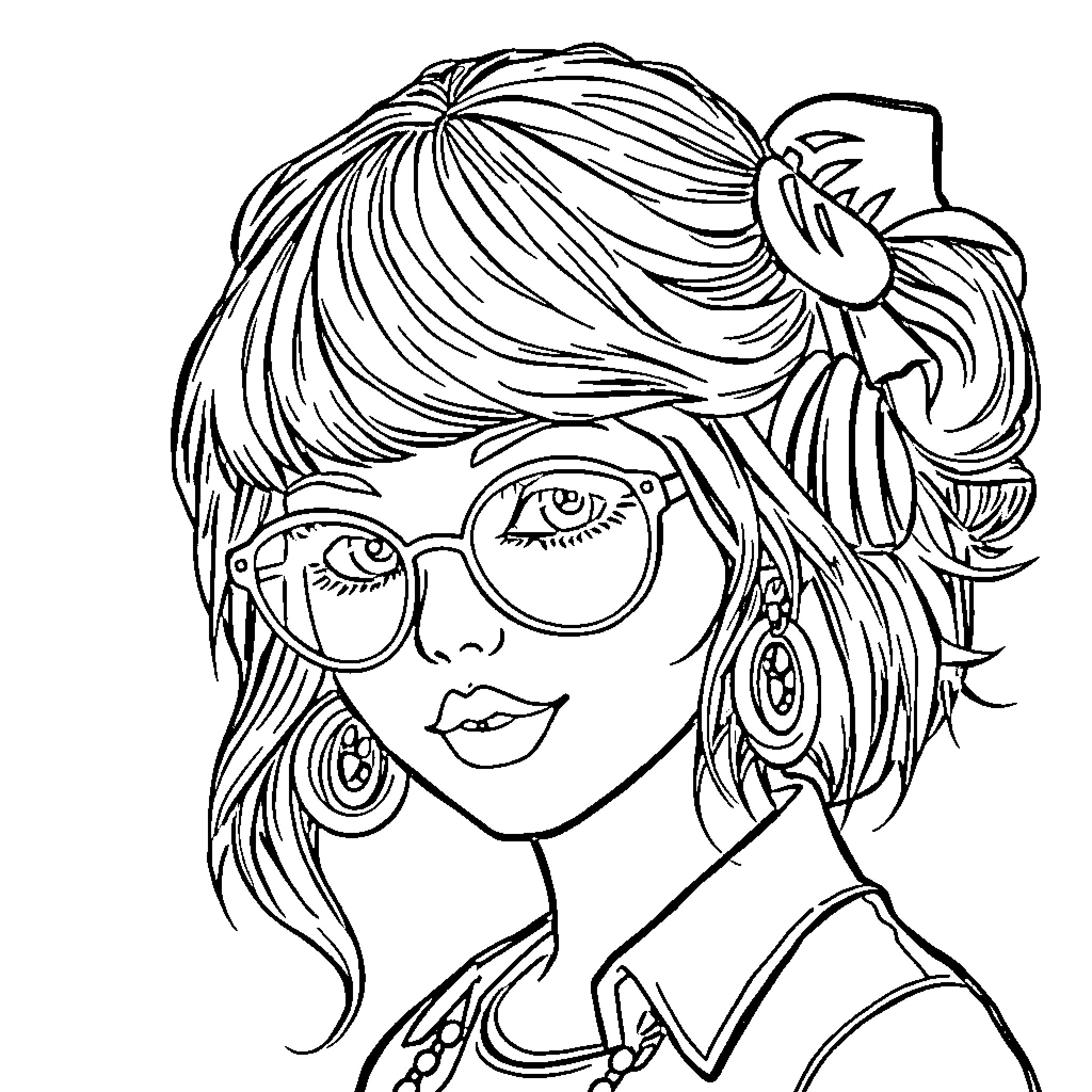 Taylor Swift in Casual Attire with Glasses Coloring Page (free black-and-white line drawing printable PDF for all, from beginners to advanced learners, including children, teens, adults, and seniors)