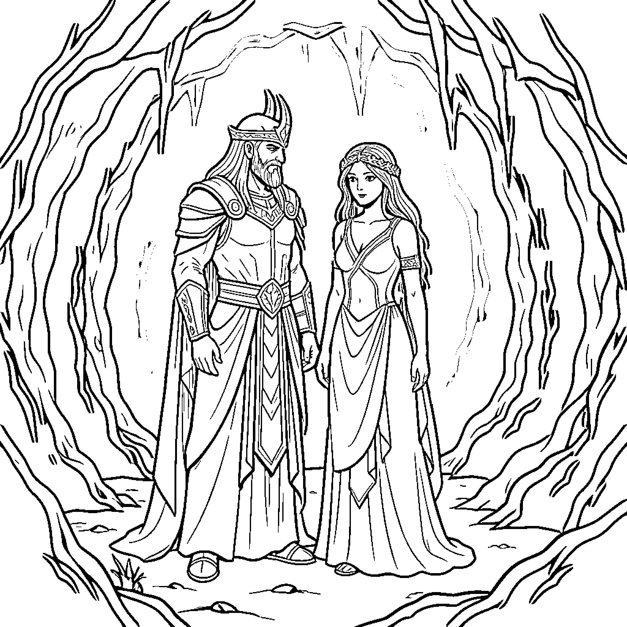 Hades and Persephone standing together in a cavern Coloring Page (free black-and-white line drawing printable PDF for all, from beginners to advanced learners, including children, teens, adults, and seniors)