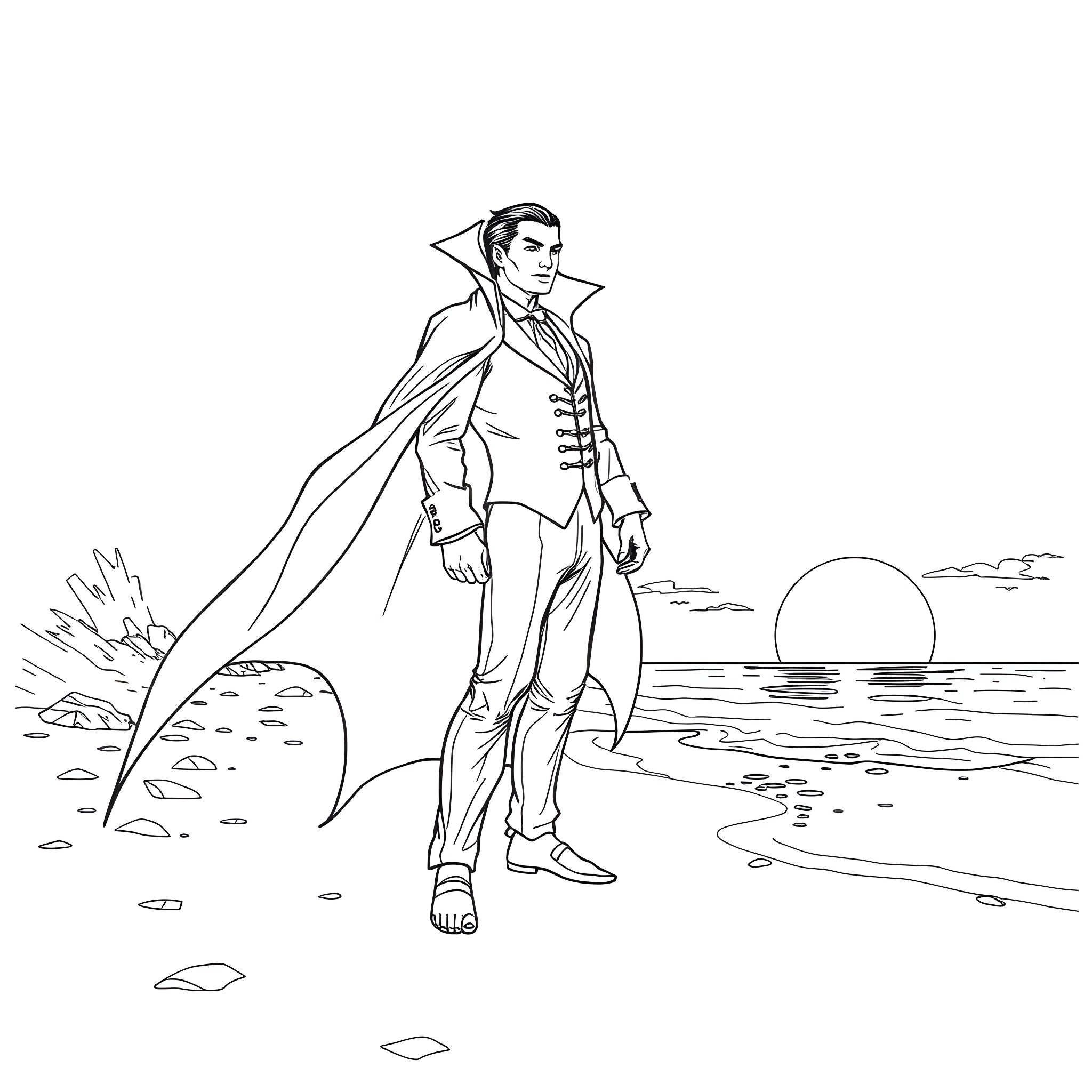 Dracula walking on the beach at sunset Coloring Page (free black-and-white line drawing printable PDF for all, from beginners to advanced learners, including children, teens, adults, and seniors)
